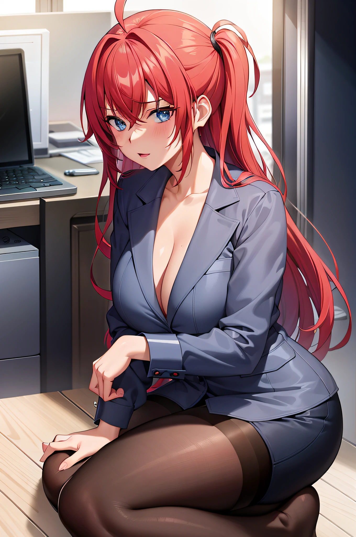 (masterpiece, best quality, detailed),1girl,rias gremory,red hair, ahoge, blue eyes, large breasts ,sitting on a desk with a laptop and papers, (nfsw), seductive anime girl, on a desk, office clothes, in the office, at pixiv, an anime girl, girl in a suit,high resolution, (perfect hands, perfect anatomy),
