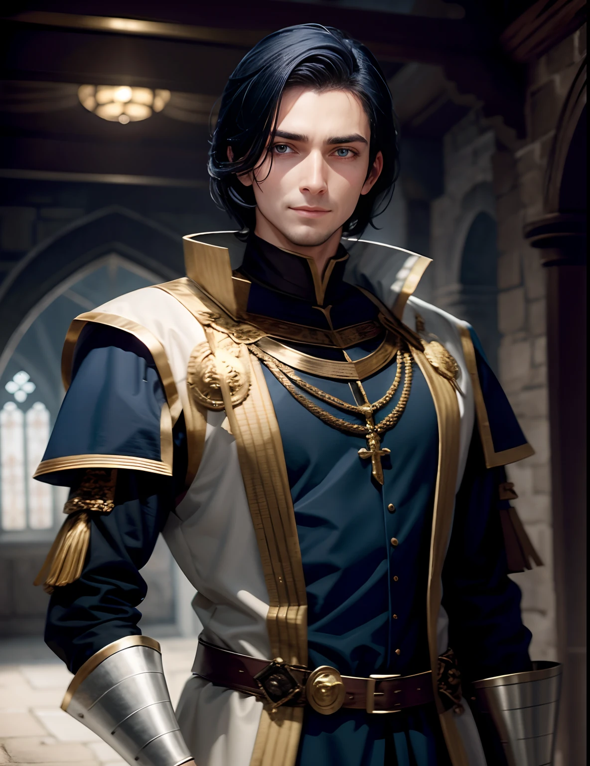 A handsome medieval man with handsome short black hair, British-style face, fair skin, dark blue pupils, showing a sly smile, wearing blue and white aristocratic clothing, with golden patterns all over the clothes, in a fantasy world world.