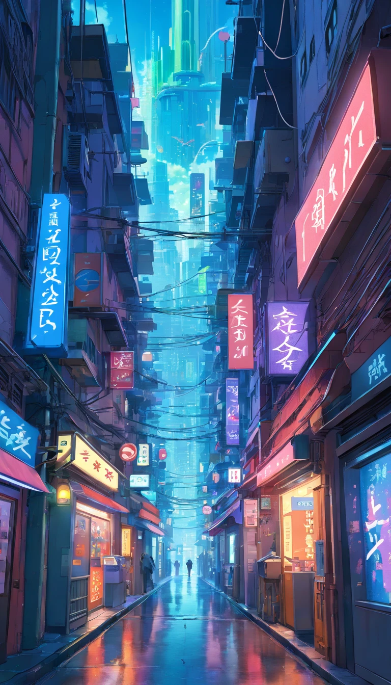 (best quality,4k,8k,highres,masterpiece:1.2),ultra-detailed,(realistic,photorealistic,photo-realistic:1.37),futuristic city,cyberpunk,neon lights,street view,aerial view,nighttime,glowing signs,hovering vehicles,holographic advertisements,reflective surfaces,tech-infused architecture, bustling streets,misty atmosphere,high-rise buildings,flying drones,slender skyscrapers,excessive traffic,illumination,blurred motion,gritty alleys,dystopian vibe,electric blue hues,flashing colors,grid-like patterns,underground passages,hidden hideouts,crimson lights,smoke-filled air,metallic structures,straight lines and sharp angles,humans with augmented reality implants,wires and cables,overloaded power grids,sound of distant sirens,interstellar influences,advanced technology fusion