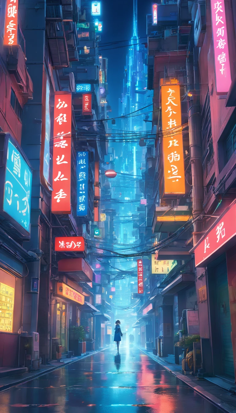 (best quality,4k,8k,highres,masterpiece:1.2),ultra-detailed,(realistic,photorealistic,photo-realistic:1.37),futuristic city,cyberpunk,neon lights,street view,aerial view,nighttime,glowing signs,hovering vehicles,holographic advertisements,reflective surfaces,tech-infused architecture, bustling streets,misty atmosphere,high-rise buildings,flying drones,slender skyscrapers,excessive traffic,illumination,blurred motion,gritty alleys,dystopian vibe,electric blue hues,flashing colors,grid-like patterns,underground passages,hidden hideouts,crimson lights,smoke-filled air,metallic structures,straight lines and sharp angles,humans with augmented reality implants,wires and cables,overloaded power grids,sound of distant sirens,interstellar influences,advanced technology fusion