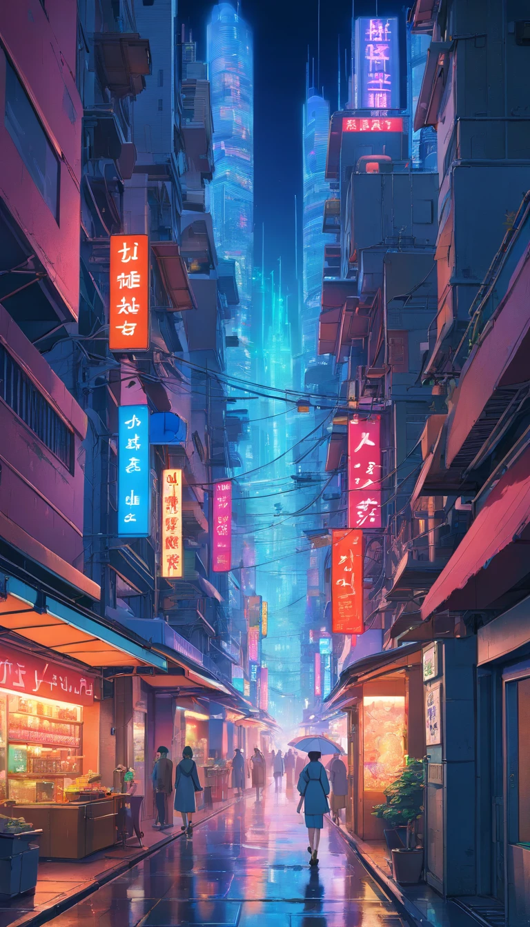 (best quality,4k,8k,highres,masterpiece:1.2),ultra-detailed,(realistic,photorealistic,photo-realistic:1.37),futuristic city,cyberpunk,neon lights,street view,aerial view,nighttime,glowing signs,hovering vehicles,holographic advertisements,reflective surfaces,tech-infused architecture, bustling streets,misty atmosphere,high-rise buildings,flying drones,slender skyscrapers,excessive traffic,illumination,blurred motion,gritty alleys,dystopian vibe,electric blue hues,flashing colors,grid-like patterns,underground passages,hidden hideouts,crimson lights,smoke-filled air,metallic structures,straight lines and sharp angles,humans with augmented reality implants,wires and cables,overloaded power grids,sound of distant sirens,interstellar influences,advanced technology fusion
