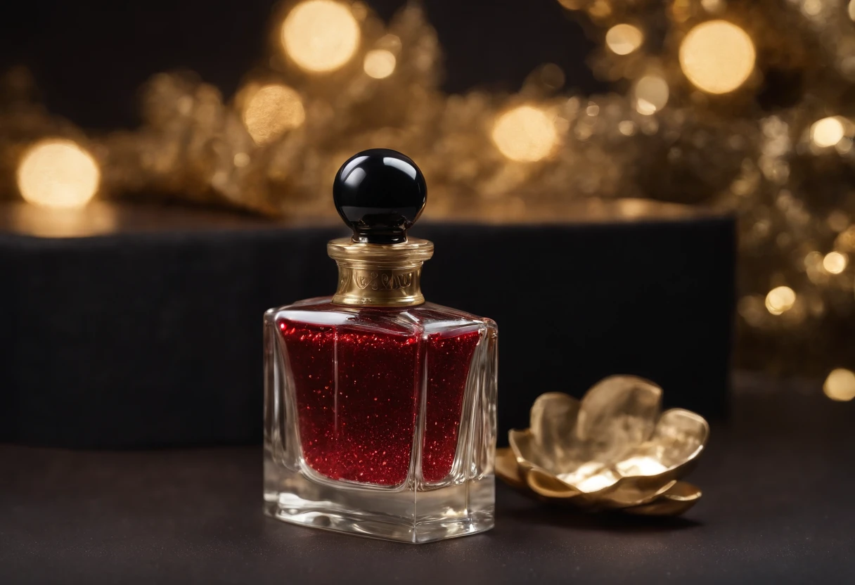 ideas para venta de aniversario fondo negro, perfume dorado sobre mesa negra con reflejo rodeada de serpentina y confeti rojo, Gold and Glitter for Product Photography in Low Light Photo Studio