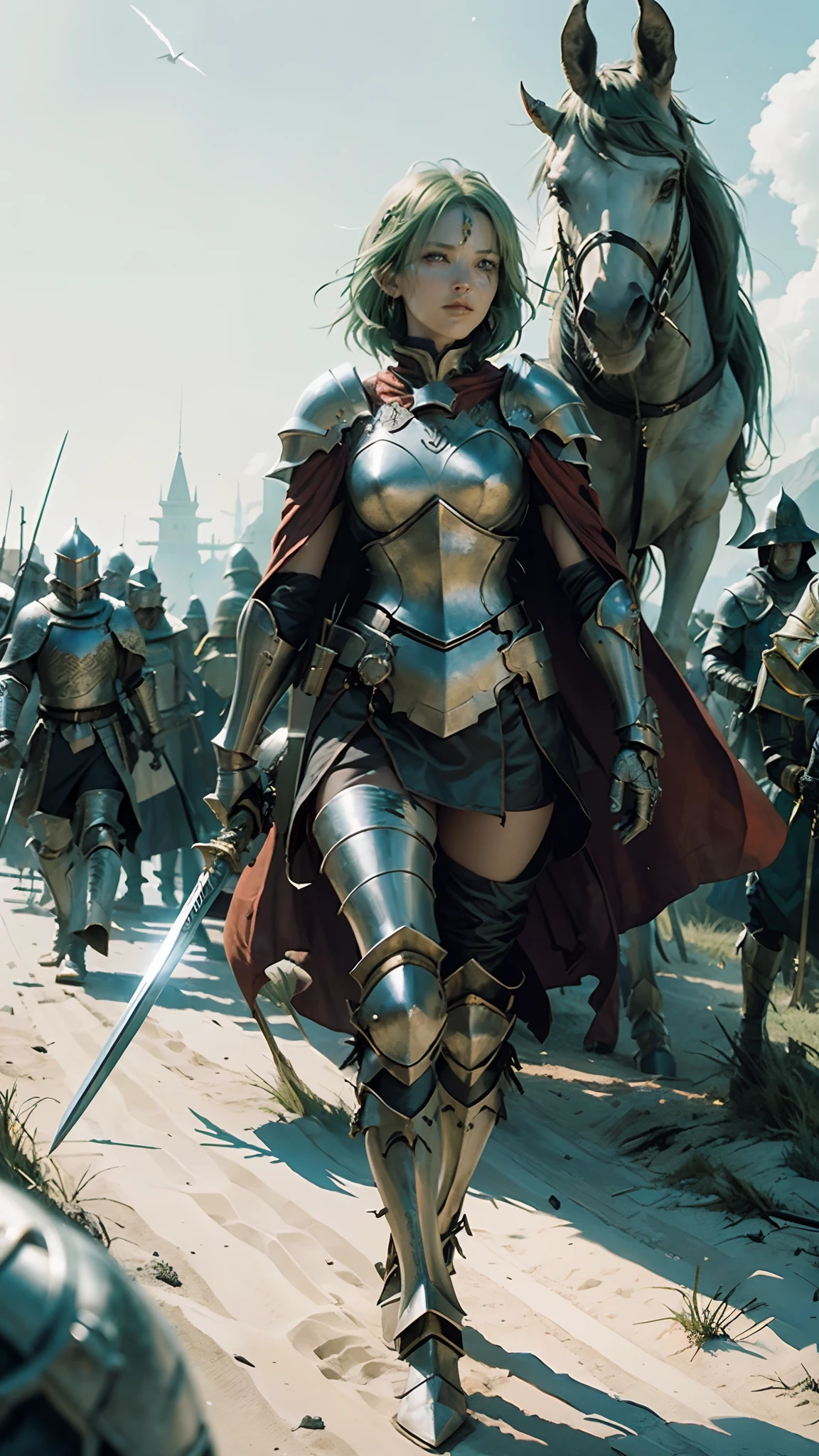 a female knight, small helmet, green hair, 8k, UHD, very detailed face, small scar on 1 eye, slimpy armor, wielding long sword, brave, full body portrait, very detailed armor, smoking castle on background, focus on main character, medium light particles, walking towards viewer, realistic, blur gackground, sexy lower armor, red torn cape --auto