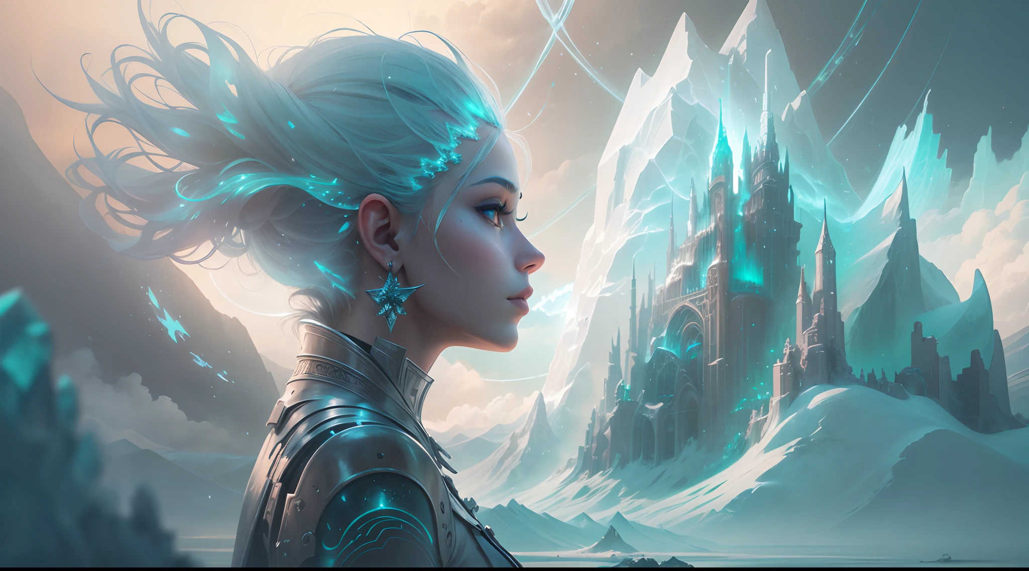 ModelShoot style, (Extremely detailed Cg Unity 8K wallpaper),cyber punk perssonage [Snowy mountain landscape with fog，South Pole，aurora，snow mountains，Igloo]，(Ice sculpture palace:1.3)，Ice block house，Immerse yourself in the beautiful aurora，Live in the clouds of the starry sky，Behind the clouds，（multiple exposure：1.8），(Transparent ethereal girl face blends with aurora，Overlay with snowy mountains)，Multiple elements blend the image，photography of：Brandon Woelfelmist，Surreal dreams，Gray atmosphere，raining day，dyna，lut，hdr，Surrealist art fantasy style，Epic digital fantasy art style，Beautiful dream art, Science-fi digital art illustration,Fantastic digital painting, futuristic digital painting, Fantastic concept art, In front of the sci-fi snowy mountain landscape, science fiction digital art, Fantastic transparent ethereal girl stylized abstract portrait close-up， 4k highly detailed digital art, 4K detailed digital art, detailed fantasy digital art, Digital artwork 4 K, 8K stunning artwork, fantasy concept art portrait, Digital 2D fantasy art, Fantasy art Behance, Beautiful digital artwork, artgerm julie bell beeple, Epic fantasy digital art style