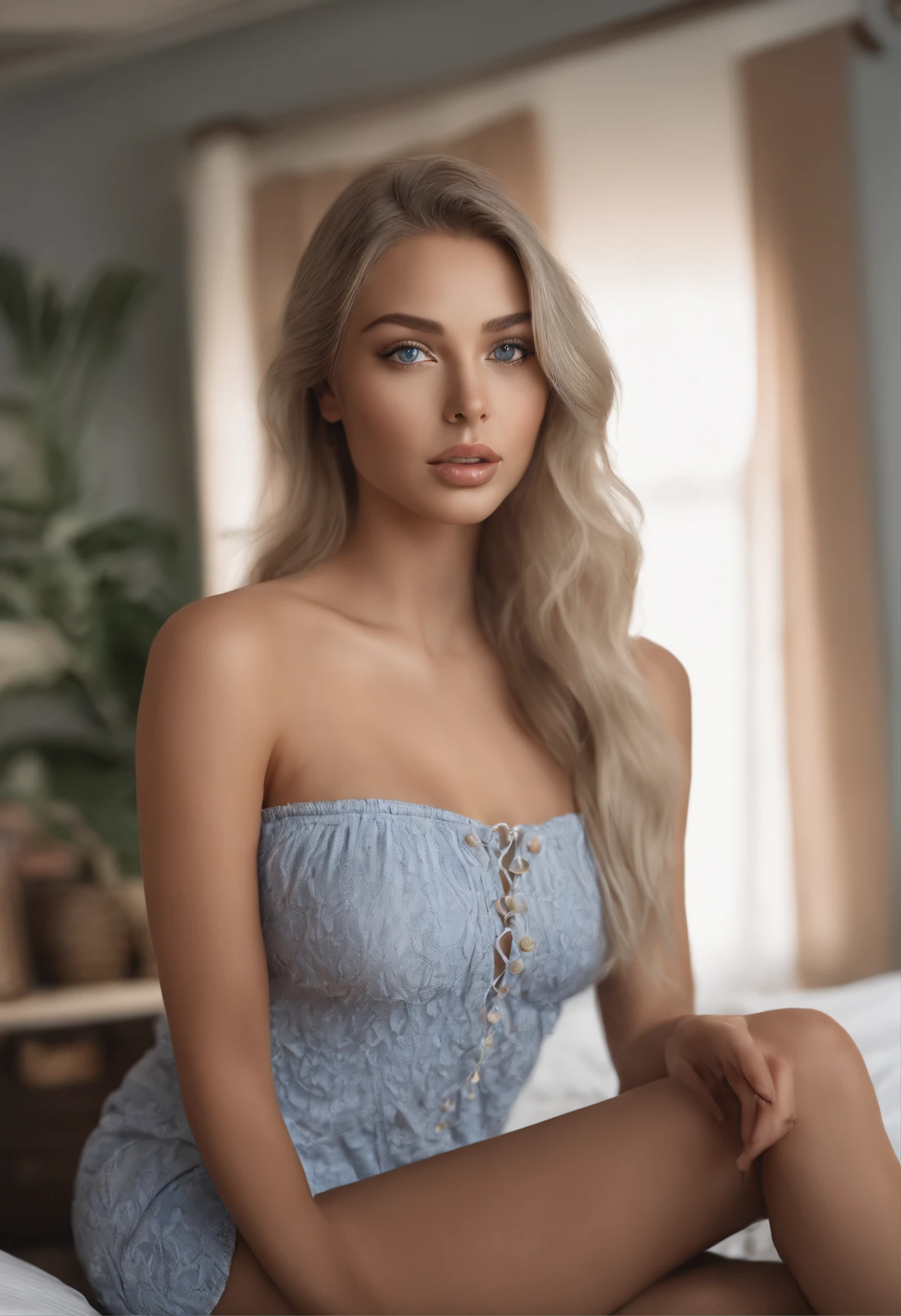 arafed woman fully , sexy girl with blue eyes, ultra realistic, meticulously detailed, portrait sophie mudd, blonde hair and large eyes, selfie of a young woman, bedroom eyes, violet myers, without makeup, natural makeup, looking directly at the camera, face with artgram, subtle makeup, stunning full body shot kneeling on bed, in bedroom, medium to large size bust