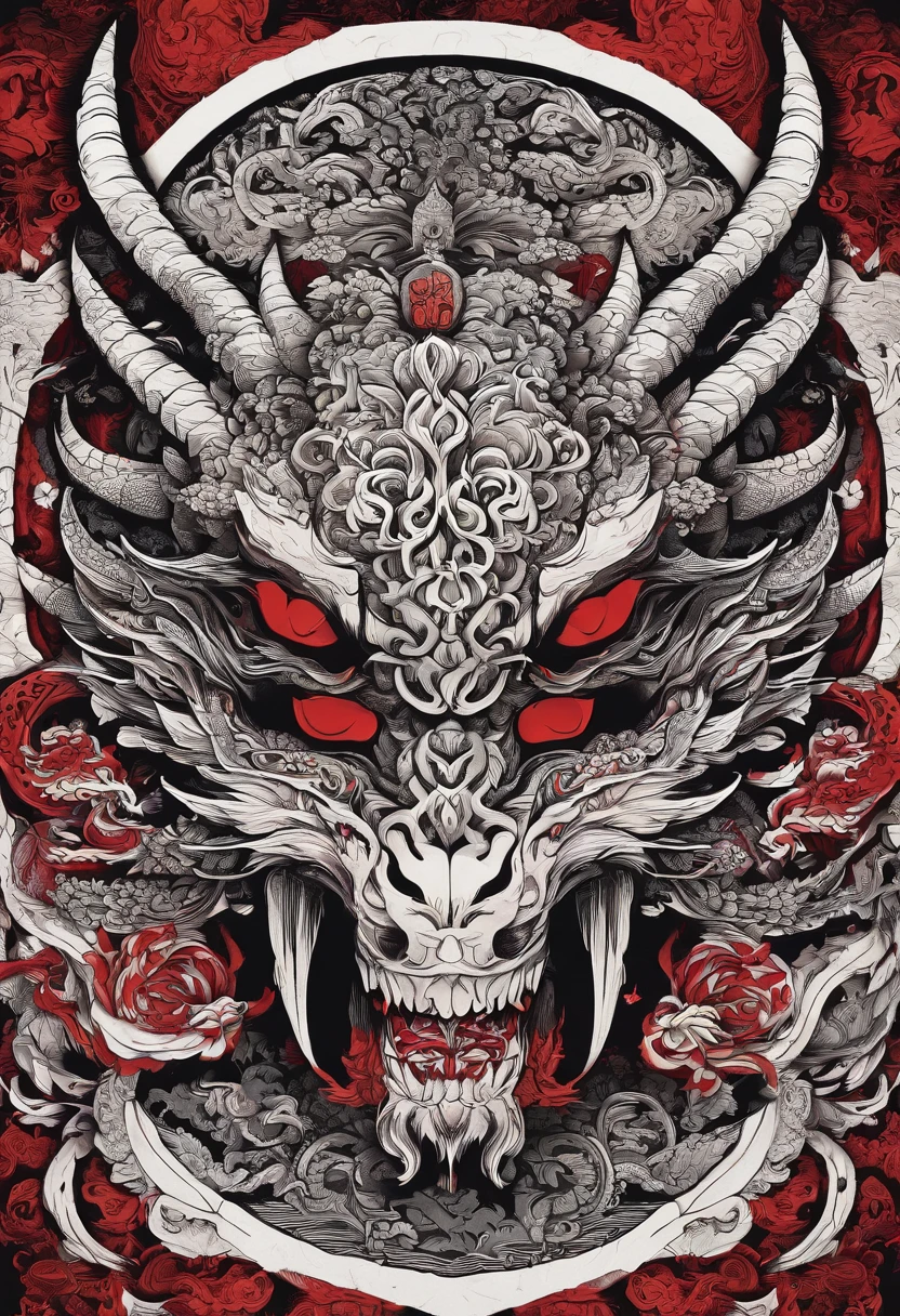 (onimask,dragon halfmask,samurai,skull ornament,japanese ornament style,black and red color scheme,dark lighting,best quality,ultra-detailed,vivid colors)
