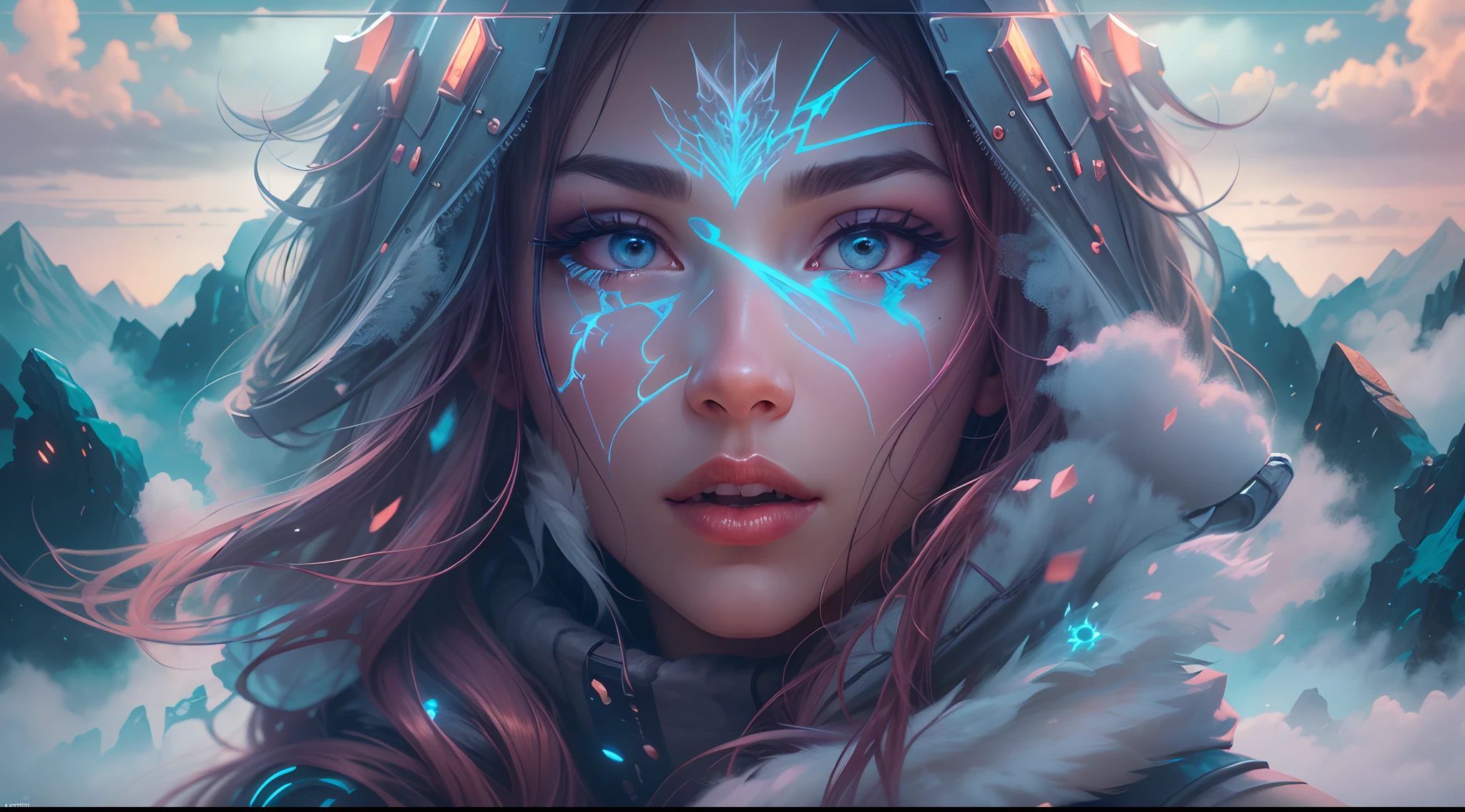 ModelShoot style, (Extremely detailed Cg Unity 8K wallpaper),cyber punk perssonage [Snowy mountain landscape with fog，South Pole，aurora，snow mountains，Igloo]，Ice sculpture palace，Ice block house，Immerse yourself in the beautiful aurora，Live in the clouds of the starry sky，Behind the clouds，（multiple exposure：1.8），(Transparent ethereal girl face blends with aurora，Overlay with snowy mountains)，Multiple elements blend the image，photography of：Brandon Woelfelmist，Surreal dreams，Gray atmosphere，raining day，dyna，lut，hdr，Surrealist art fantasy style，Epic digital fantasy art style，Beautiful dream art, Science-fi digital art illustration,Fantastic digital painting, futuristic digital painting, Fantastic concept art, In front of the sci-fi snowy mountain landscape, science fiction digital art, Fantastic transparent ethereal girl stylized abstract portrait close-up， 4k highly detailed digital art, 4K detailed digital art, detailed fantasy digital art, Digital artwork 4 K, 8K stunning artwork, fantasy concept art portrait, Digital 2D fantasy art, Fantasy art Behance, Beautiful digital artwork, artgerm julie bell beeple, Epic fantasy digital art style