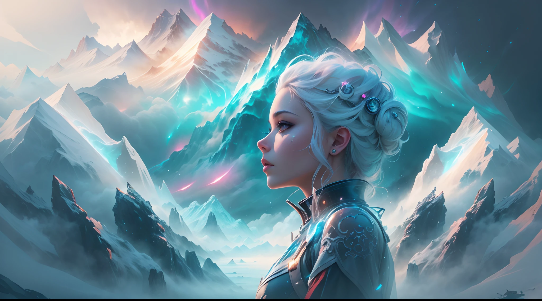 ModelShoot style, (Extremely detailed Cg Unity 8K wallpaper),cyber punk perssonage [Snowy mountain landscape with fog，South Pole，aurora，snow mountains，Igloo]，Ice sculpture palace，Ice block house，Immerse yourself in the beautiful aurora，Live in the clouds of the starry sky，Behind the clouds，（multiple exposure：1.8），(Transparent ethereal girl face blends with aurora，Overlay with snowy mountains)，Multiple elements blend the image，photography of：Brandon Woelfelmist，Surreal dreams，Gray atmosphere，raining day，dyna，lut，hdr，Surrealist art fantasy style，Epic digital fantasy art style，Beautiful dream art, Science-fi digital art illustration,Fantastic digital painting, futuristic digital painting, Fantastic concept art, In front of the sci-fi snowy mountain landscape, science fiction digital art, Fantastic transparent ethereal girl stylized abstract portrait close-up， 4k highly detailed digital art, 4K detailed digital art, detailed fantasy digital art, Digital artwork 4 K, 8K stunning artwork, fantasy concept art portrait, Digital 2D fantasy art, Fantasy art Behance, Beautiful digital artwork, artgerm julie bell beeple, Epic fantasy digital art style