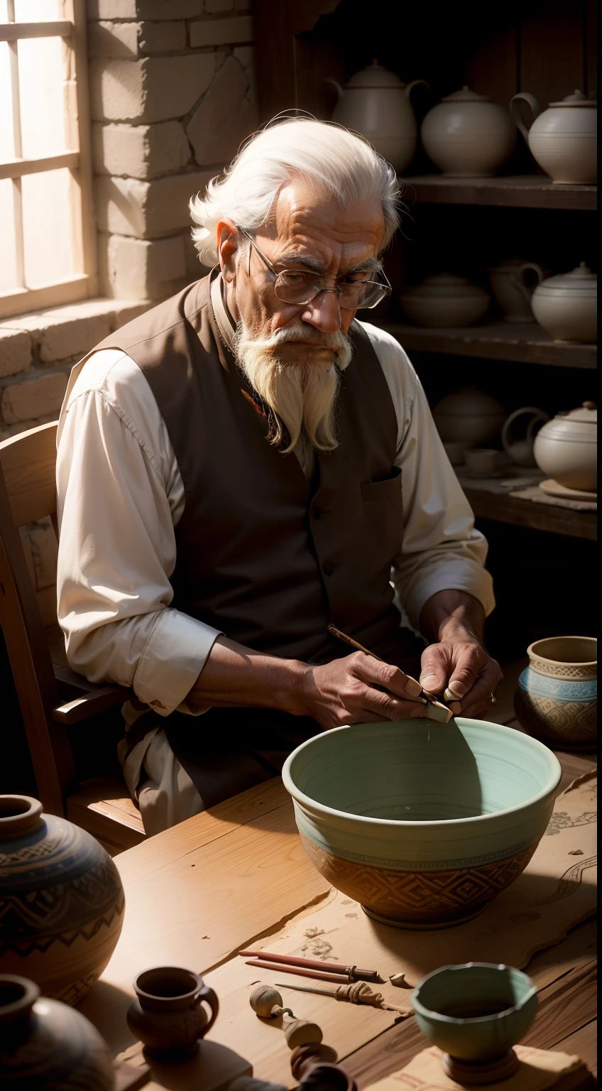long shot, an old persian man sit behind persian Pottery workshop table. making clay vessel, many broken pottery around him, dark ambient illuminated by windows light, high quality,