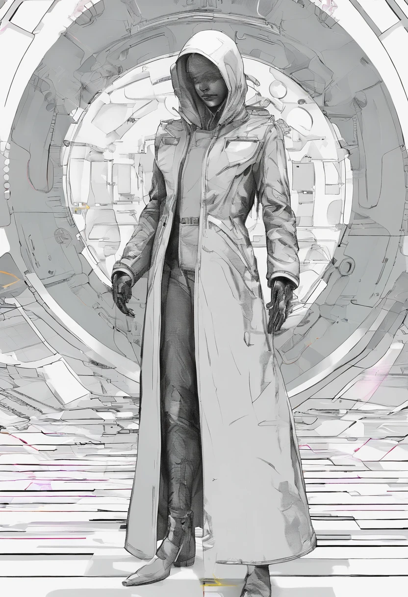 Erstellen Sie ein ultrabreites Foto eines Engels, who wears a cyberpunk-style coat and hood, vor einem abstrakten postapokalyptischen Hintergrund. Der Gesamtstil des Bildes sollte minimalistisch mit einem Artgem-Touch sein. Der Engel sollte in einem kriegerischen und engelhaften Stil dargestellt werden, wobei der Schwerpunkt darauf liegt, to create a sense of hope and reconstruction. Der Cyberpunk-Mantel und die Kapuze sollten sehr detailliert dargestellt werden, mit dem Fokus auf die Erfassung der Textur und des Stils der Kleidung. huge wings. Der Hintergrund des Bildes sollte ein abstraktes Design haben, mit dem Fokus darauf, create a sense of depth and contrast with the foreground. Das Bild sollte im Breitformat gerendert werden, mit dem Fokus darauf, create a sense of grandeur and drama in the scene.