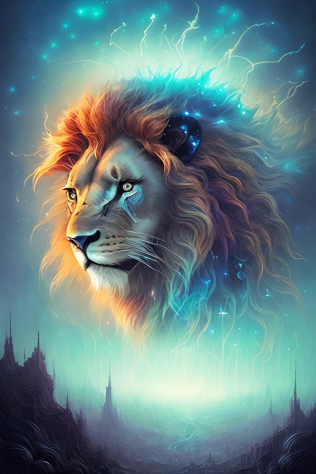 galactic lion with a lot of hair on it's head, third eye, staring at something in the distance, intricate details, electric, fantasy art, Anato Finnstark, emulsion painting, highly detailed, misty
rutkowski, hdr, hyperdetailed, rim light, faded, dim