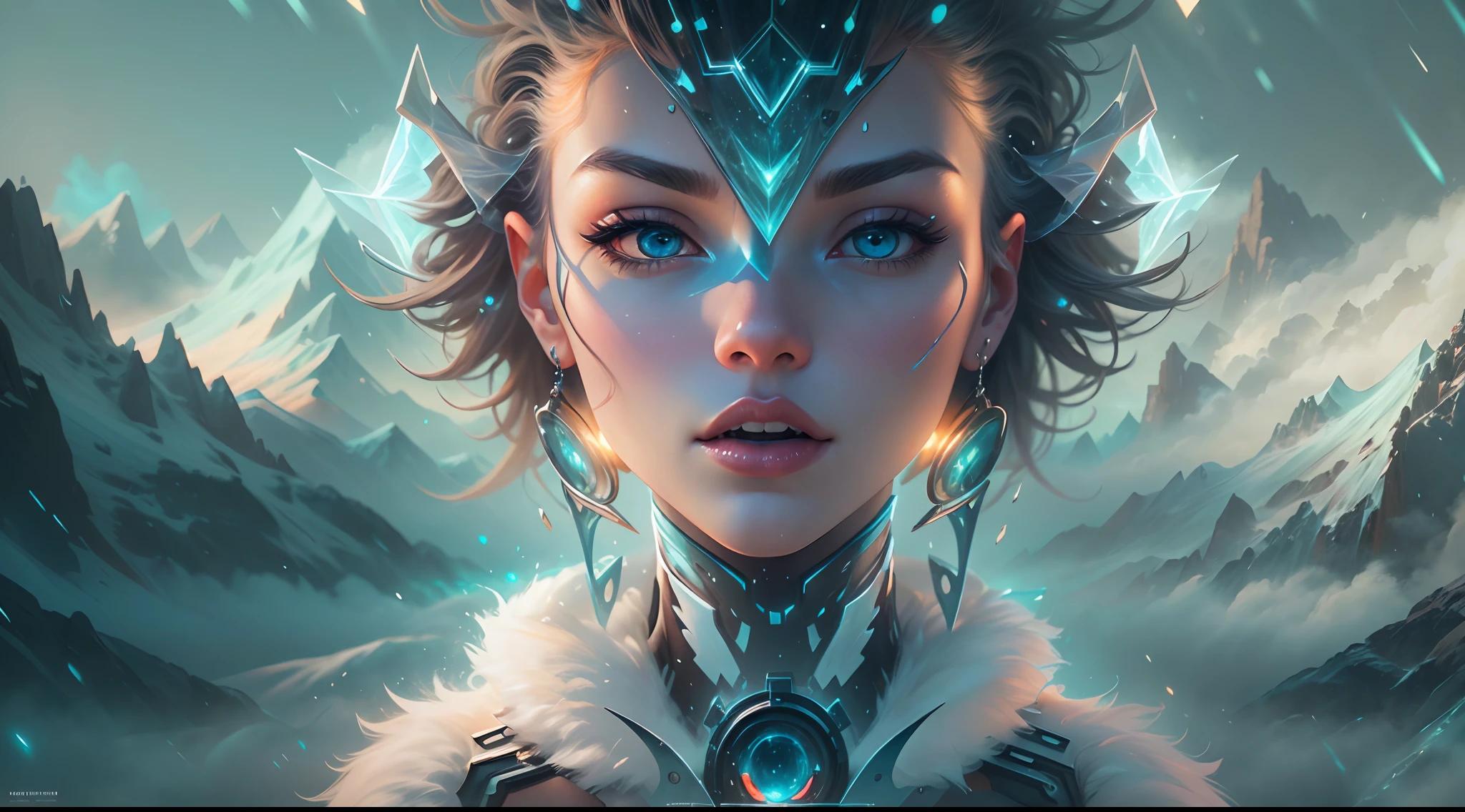 ModelShoot style, (Extremely detailed Cg Unity 8K wallpaper),cyber punk perssonage [Snowy mountain landscape with fog，South Pole，aurora，snow mountains，Igloo]，Ice sculpture palace，Immerse yourself in the beautiful aurora，Live in the clouds of the starry sky，Behind the clouds，（multiple exposure：1.8），(Transparent ethereal girl face blends with aurora，Overlay with snowy mountains)，Multiple elements blend the image，photography of：Brandon Woelfelmist，Surreal dreams，Gray atmosphere，raining day，dyna，lut，hdr，Surrealist art fantasy style，Epic digital fantasy art style，Beautiful dream art, Science-fi digital art illustration,Fantastic digital painting, futuristic digital painting, Fantastic concept art, In front of the sci-fi snowy mountain landscape, science fiction digital art, Fantastic transparent ethereal girl stylized abstract portrait close-up， 4k highly detailed digital art, 4K detailed digital art, detailed fantasy digital art, Digital artwork 4 K, 8K stunning artwork, fantasy concept art portrait, Digital 2D fantasy art, Fantasy art Behance, Beautiful digital artwork, artgerm julie bell beeple, Epic fantasy digital art style