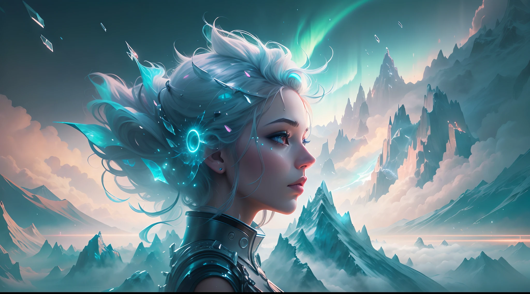 ModelShoot style, (Extremely detailed Cg Unity 8K wallpaper),cyber punk perssonage [Snowy mountain landscape with fog，South Pole，aurora，snow mountains，Igloo]，Ice sculpture palace，Immerse yourself in the beautiful aurora，Live in the clouds of the starry sky，Behind the clouds，（multiple exposure：1.8），(Transparent ethereal girl face blends with aurora，Overlay with snowy mountains)，Multiple elements blend the image，photography of：Brandon Woelfelmist，Surreal dreams，Gray atmosphere，raining day，dyna，lut，hdr，Surrealist art fantasy style，Epic digital fantasy art style，Beautiful dream art, Science-fi digital art illustration,Fantastic digital painting, futuristic digital painting, Fantastic concept art, In front of the sci-fi snowy mountain landscape, science fiction digital art, Fantastic transparent ethereal girl stylized abstract portrait close-up， 4k highly detailed digital art, 4K detailed digital art, detailed fantasy digital art, Digital artwork 4 K, 8K stunning artwork, fantasy concept art portrait, Digital 2D fantasy art, Fantasy art Behance, Beautiful digital artwork, artgerm julie bell beeple, Epic fantasy digital art style