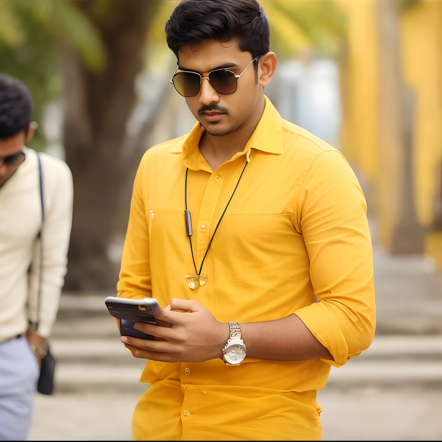 there is a man in a yellow shirt and sunglasses looking at his cell phone, jayison devadas, jayison devadas style, candid picture, by Max Dauthendey, with lovely look, ayan nag, mohamed chahin style, candid photo, with a cool pose, riyahd cassiem, assamese aesthetic, mohamed chahin, facebook profile picture