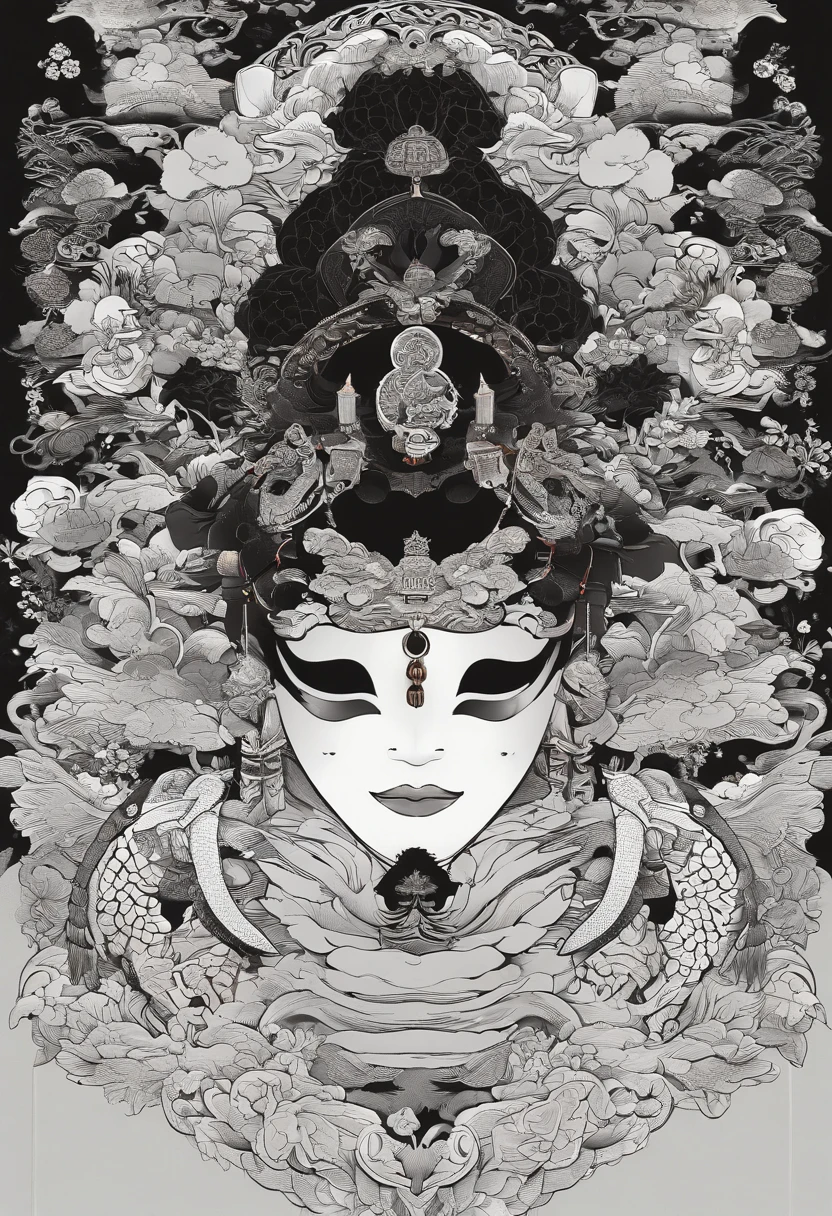 A samurai wearing a dragon halfmask and an onimask stands in front of a black and white Japanese ornament. The ornament is decorated with a skull ornament in a minimalistic style. The scene is set in a dark lighting, with bold lines and vivid colors enhancing the overall atmosphere. The artwork is of the best quality, with ultra-detailed elements and a logo style that adds visual impact. The composition is focused on the samurai, highlighting the intricate details of the masks. The use of black and white color scheme adds to the dramatic effect, while the minimalistic style keeps the artwork clean and visually striking. The bold lines create a strong visual presence, drawing the viewer's attention to the character's fierce expression and the intricate details of the masks. The vivid colors add contrast to the black and white palette, giving a sense of depth and intensity to the overall image. The dark lighting enhances the mysterious and dramatic atmosphere, adding to the sense of intrigue. Overall, the artwork combines elements of traditional Japanese ornament style with a modern and bold approach, creating a visually captivating and memorable composition.