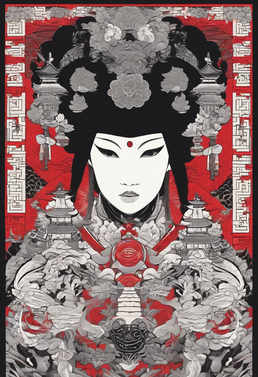 A samurai wearing a dragon halfmask and an onimask stands in front of a black and white Japanese ornament. The ornament is decorated with a skull ornament in a minimalistic style. The scene is set in a dark lighting, with bold lines and vivid colors enhancing the overall atmosphere. The artwork is of the best quality, with ultra-detailed elements and a logo style that adds visual impact. The composition is focused on the samurai, highlighting the intricate details of the masks. The use of black and white color scheme adds to the dramatic effect, while the minimalistic style keeps the artwork clean and visually striking. The bold lines create a strong visual presence, drawing the viewer's attention to the character's fierce expression and the intricate details of the masks. The vivid colors add contrast to the black and white palette, giving a sense of depth and intensity to the overall image. The dark lighting enhances the mysterious and dramatic atmosphere, adding to the sense of intrigue. Overall, the artwork combines elements of traditional Japanese ornament style with a modern and bold approach, creating a visually captivating and memorable composition.