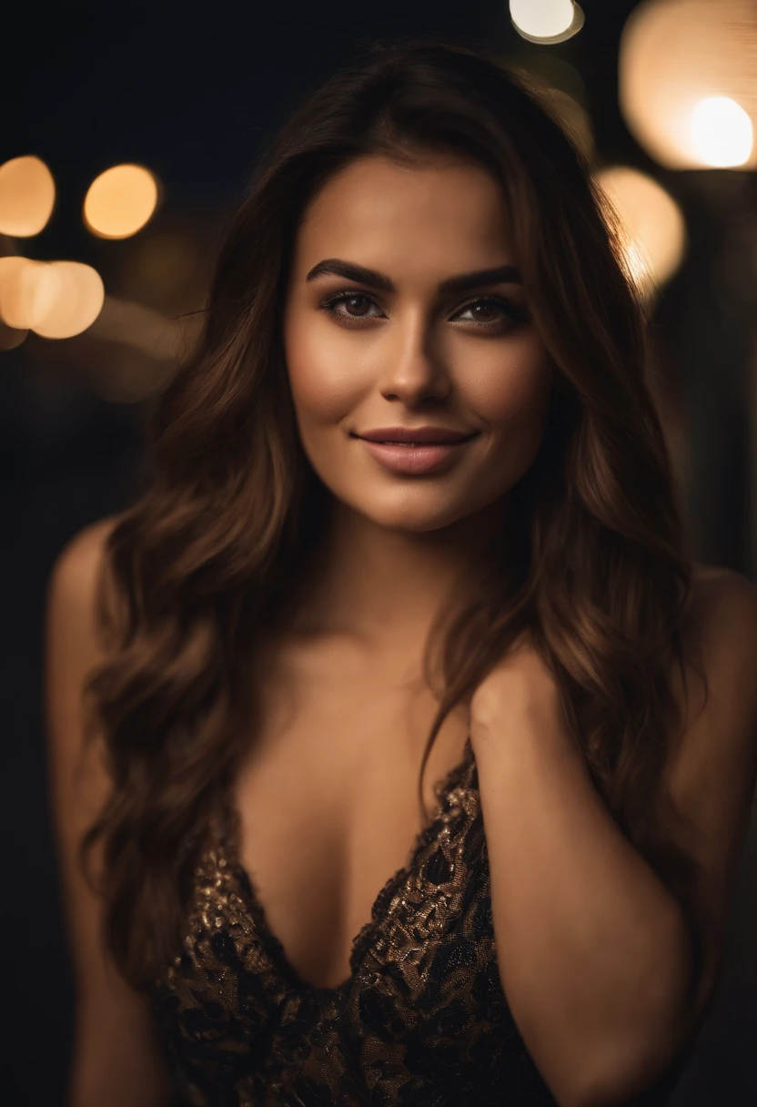 photography of 1 stunning 23 year old girl , wearing low cut slutty dress , brunette hair ,on busy street , portrait picture, smiling, looking into camera , spectacular lighting, gorgeous, (deep cleavage), photoshoot, western, (masterpiece), best quality, high resolution, extremely detailed background, skin with pores, , cinematic lighting Completed