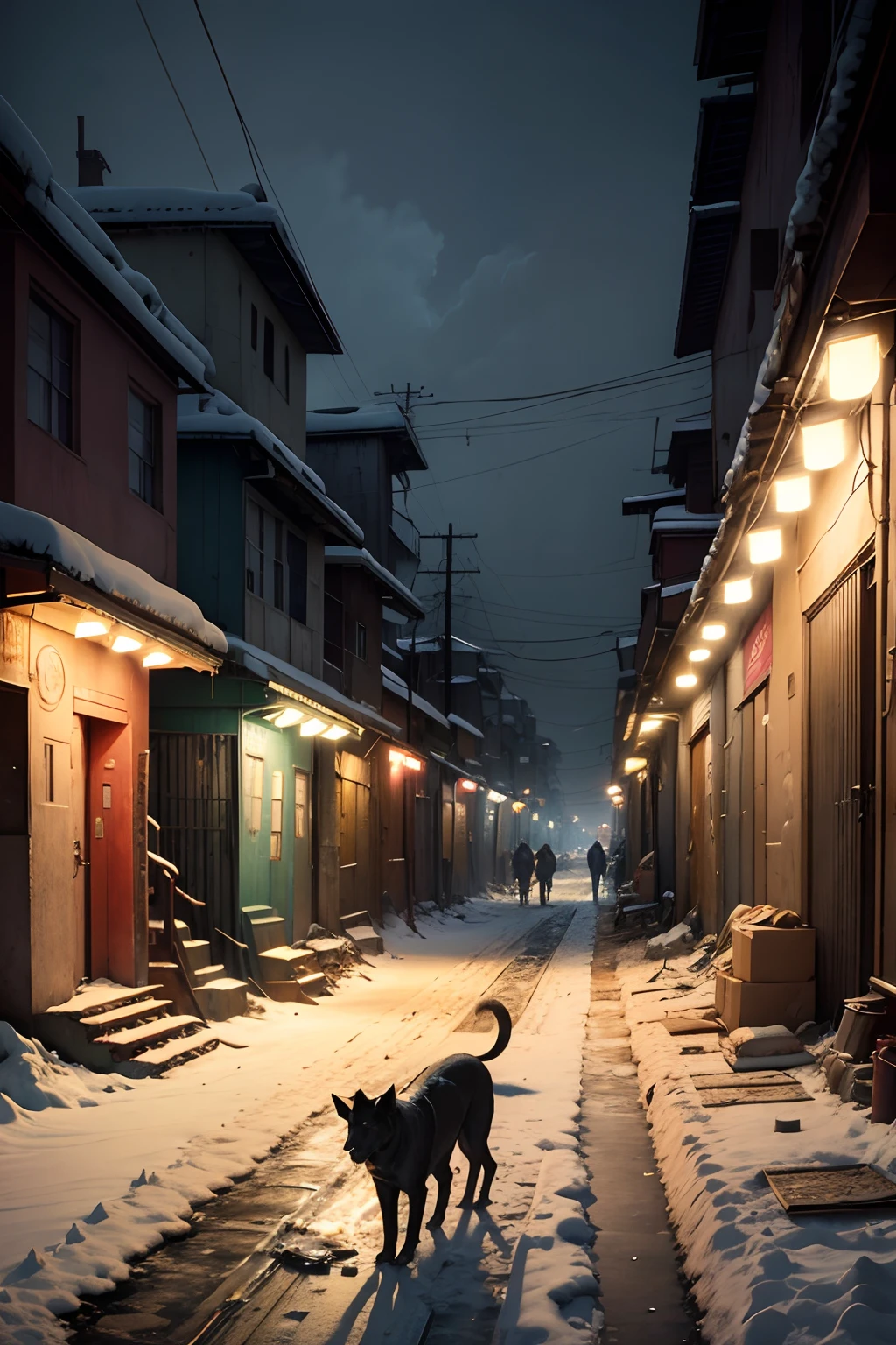 slum, far away, snowy night, street lights some broken, crowdy shops, wet cardboard boxes, stray dogs