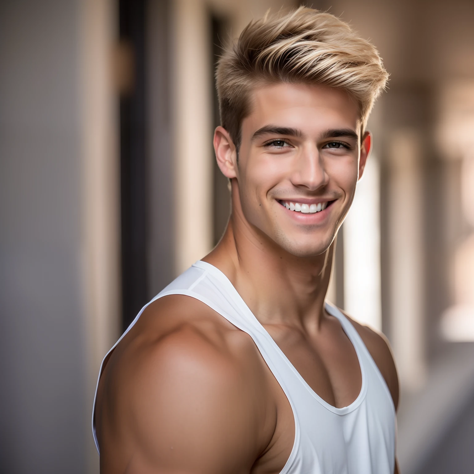 Young American boy in a white tank top smiling and looking at the camera, Blonde and attractive features, Homem magro com pele bronzeada clara, macho atraente, Jovem com rosto bonito, jovem atraente, cara loiro, jovem bonito, homem loiro, retrato do jovem bonito, bonito rosto atraente, Macho sorridente, jovem bonito, jovem bonito, modelo masculino, Colton Hayes 8k