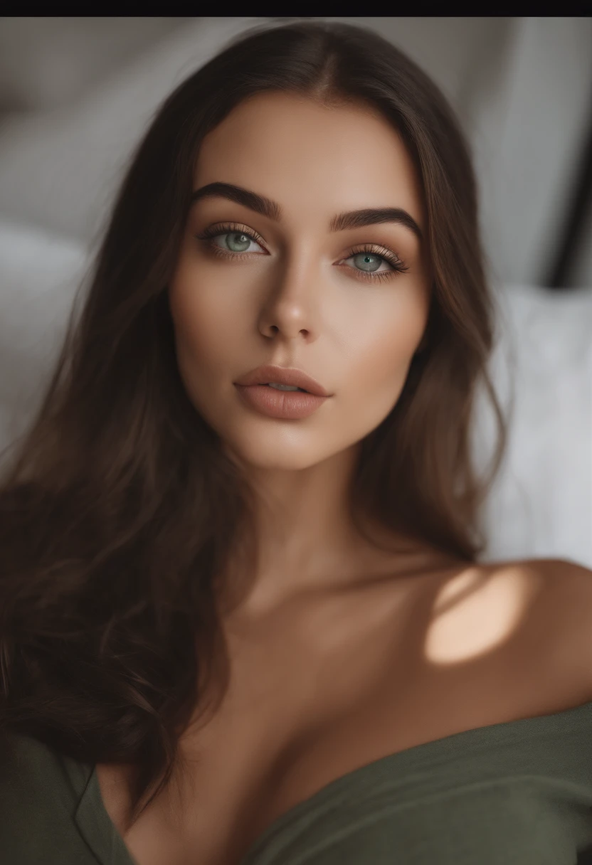 arafed woman with large breasts, sexy girl with green eyes, portrait sophie mudd, brown hair and large eyes, selfie of a young woman, bedroom eyes, violet myers, without makeup, natural makeup, looking directly at the camera, face with artgram, subtle makeup, stunning full body shot, piercing green eyes, beautiful angle, cute girl, full body picture, full body, full body shoot, brunette goddess, high detail, sexy pose, fun