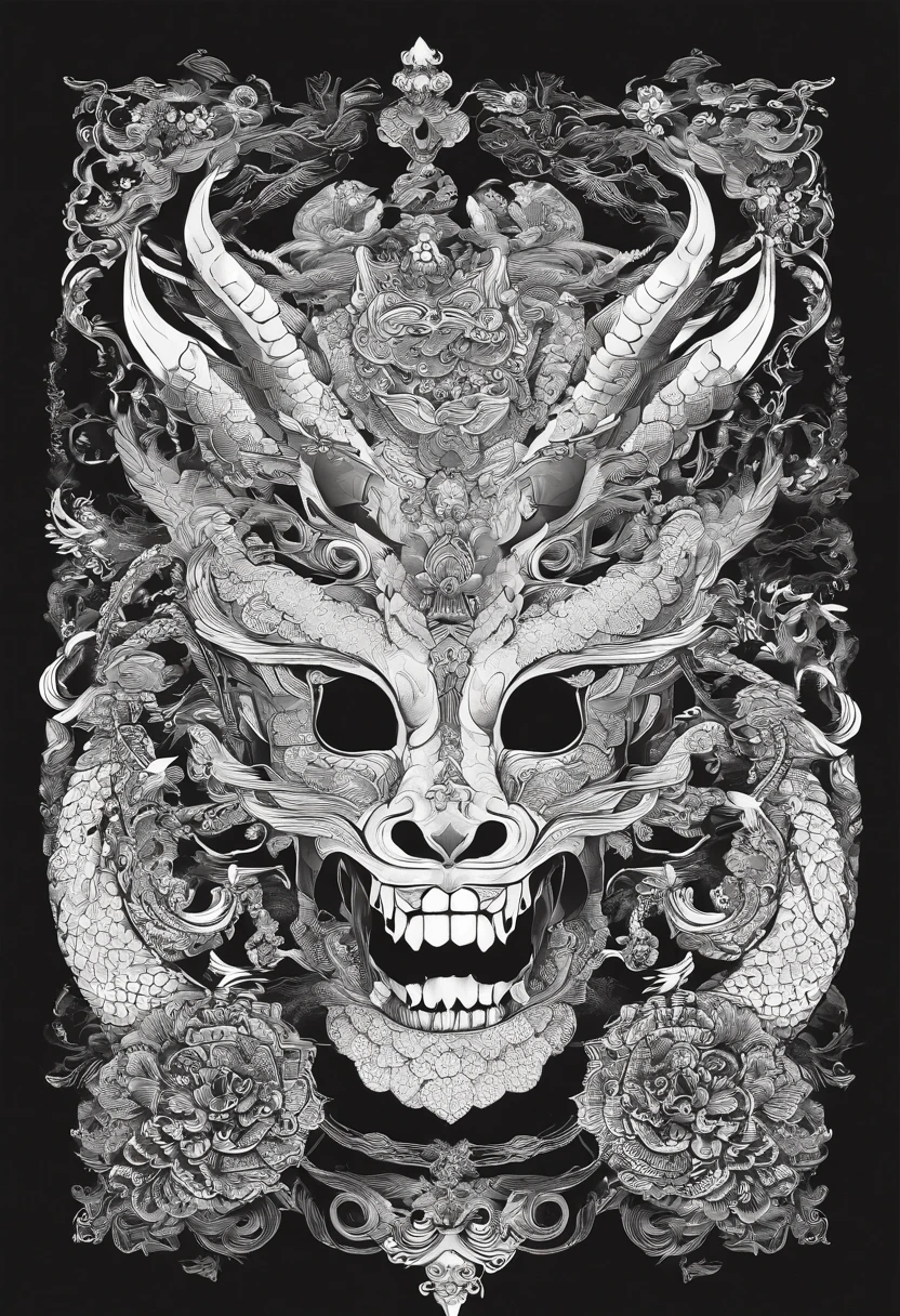 (onimask,dragon halfmask,samurai,skull ornament,japanese ornament style,black and white color scheme,dark lighting,best quality,minimalistic,bold-lines)