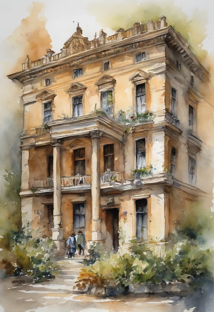Illustrate a lavish mansion with a high wall surrounding it while homeless individuals sit outside, underscoring the contrast between wealth and poverty.