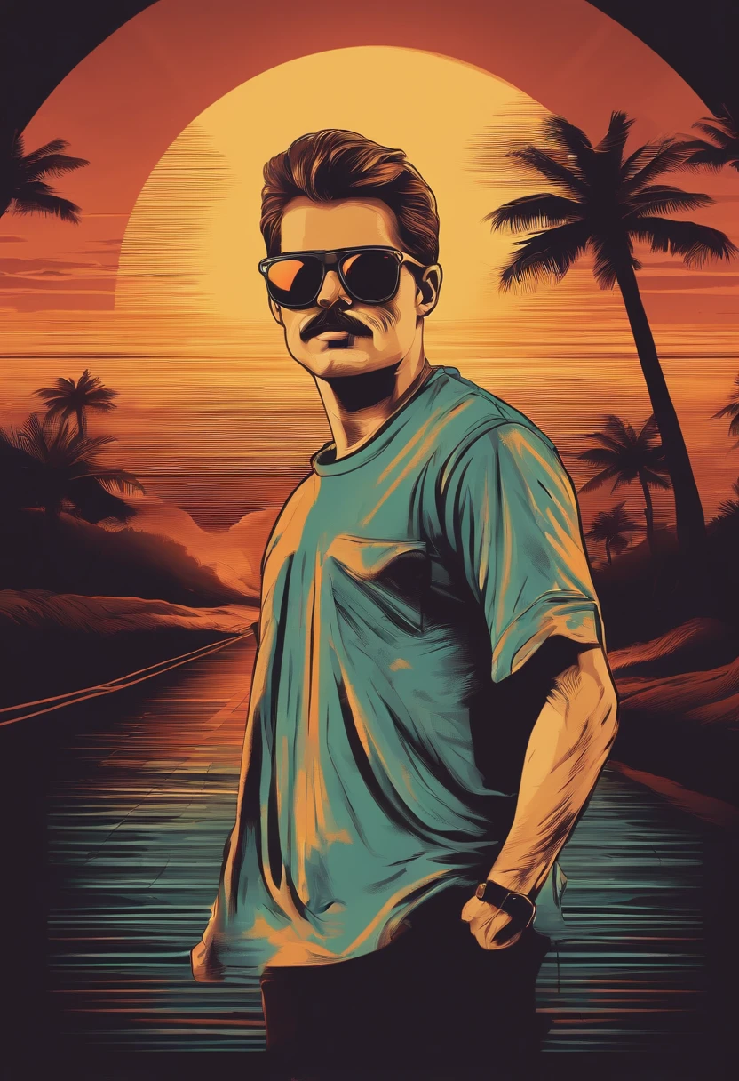 vector t-shirt design, ghost crosssing his arms with cool sun glasses on, retro sunset background, 4k