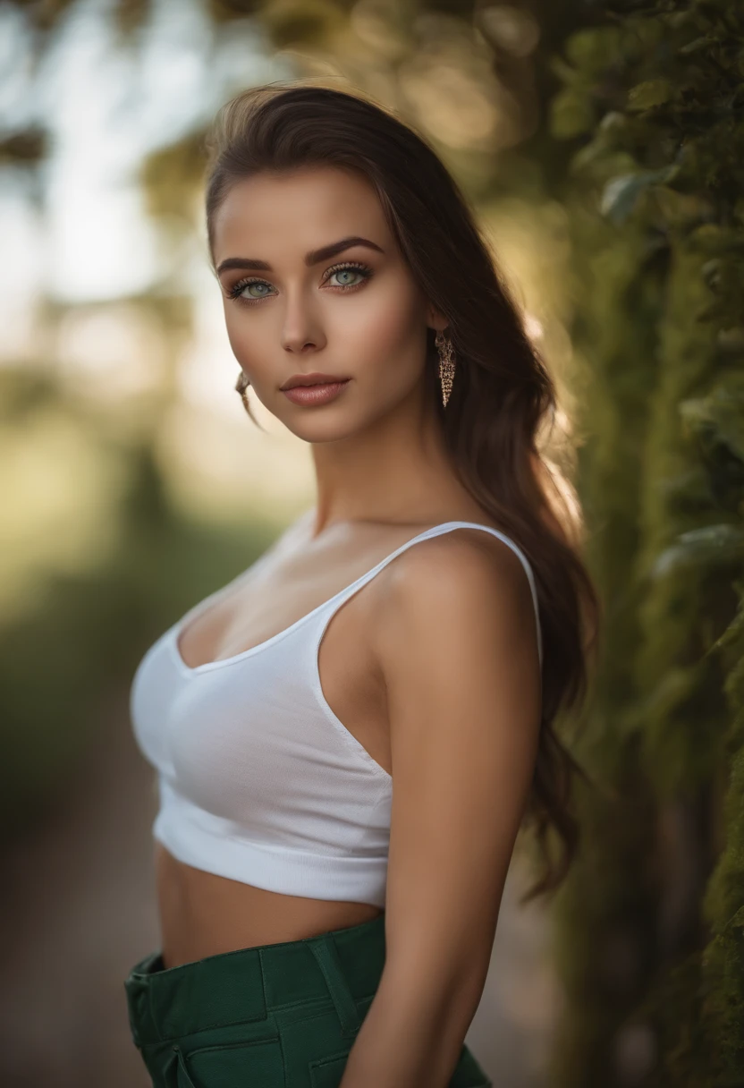 arafed woman with a white tank top and a necklace, sexy girl with green eyes, portrait sophie mudd, brown hair and large eyes, selfie of a young woman, bedroom eyes, violet myers, without makeup, natural makeup, looking directly at the camera, face with artgram, subtle makeup, stunning full body shot, piercing green eyes, beautiful angle, attractive pose, cute girl, sexy pose, full body picture, full body, full body shoot, brunette goddess, high detail, satisfied pose, leather pants