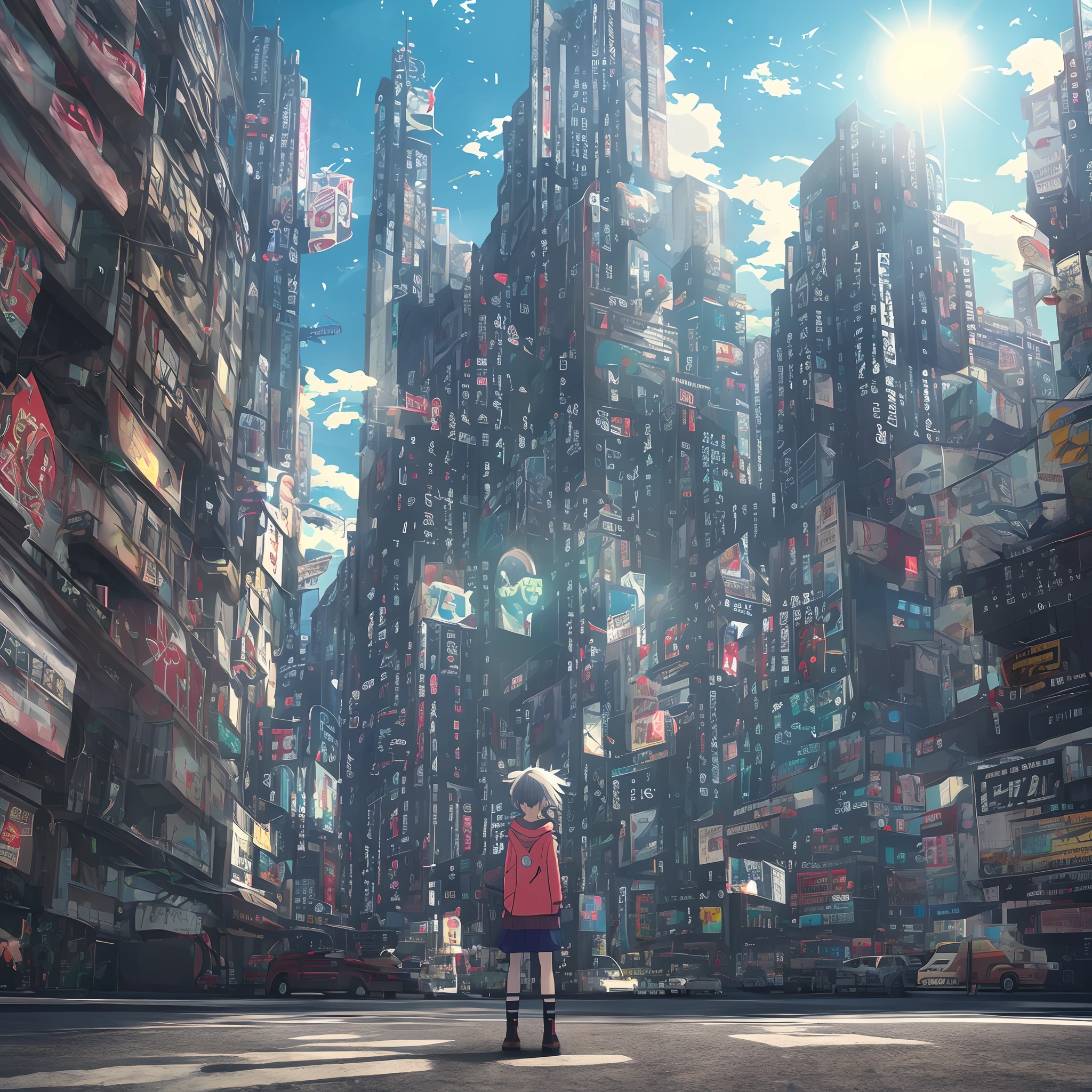 (Girl in a swimsuit walking), towards the dark and destroyed city, with a slight touch of lighting, anime style landscape, slightly destroyed city, low lighting, girl walking in the city, destroyed city, pixel art