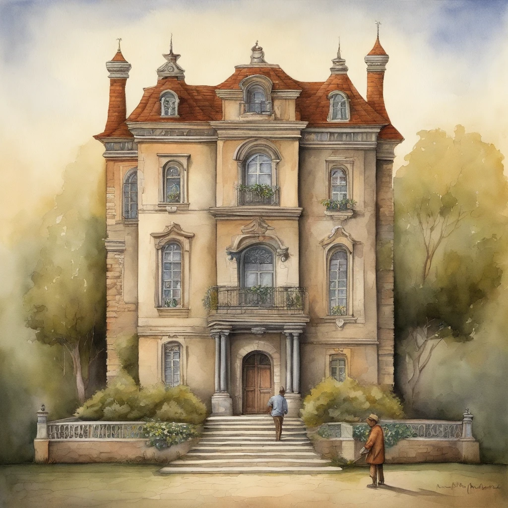Illustrate a lavish mansion with a high wall surrounding it while homeless individuals sit outside, underscoring the contrast between wealth and poverty, in the style of pawel kuczynski