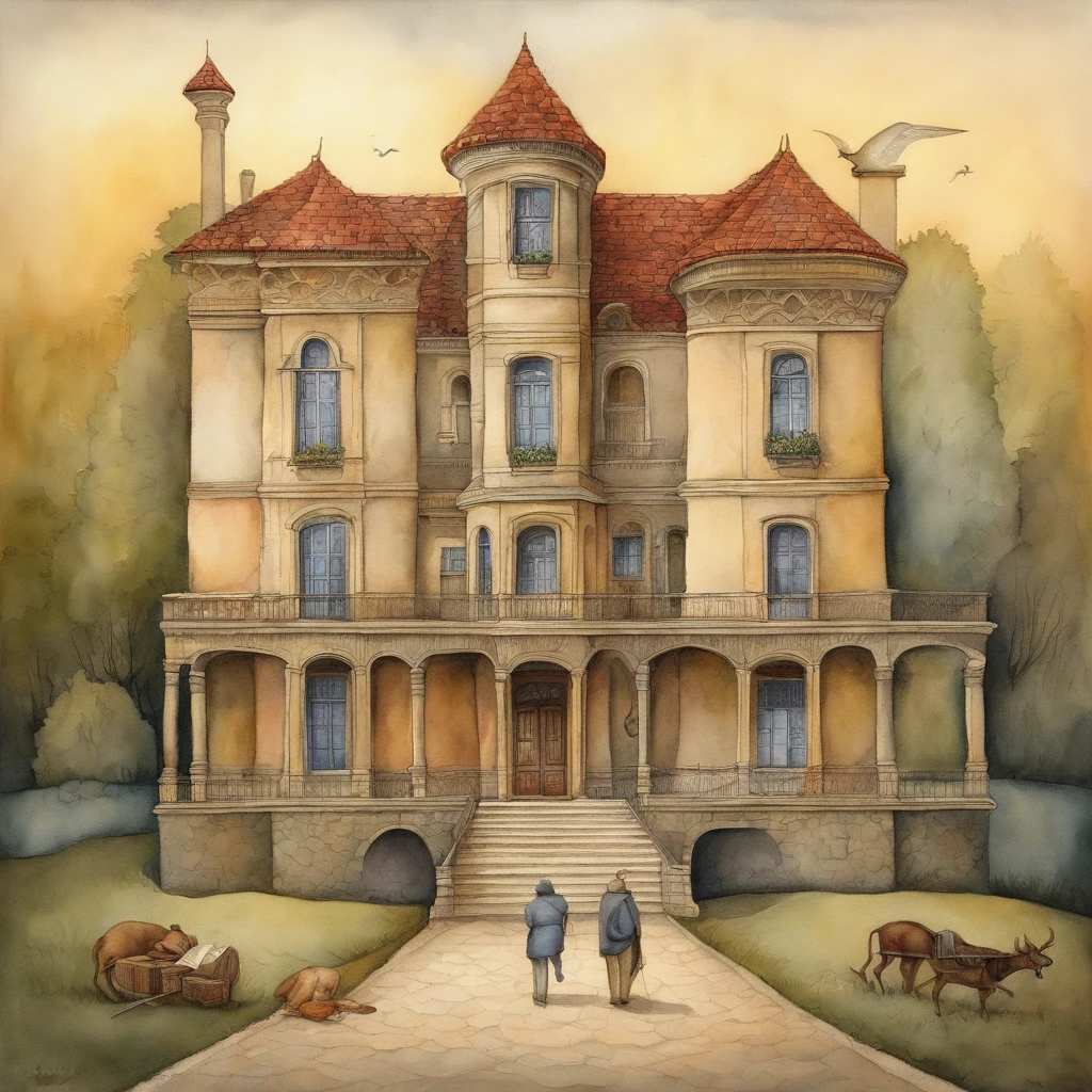 Illustrate a lavish mansion with a high wall surrounding it while homeless individuals sit outside, underscoring the contrast between wealth and poverty, in the style of pawel kuczynski