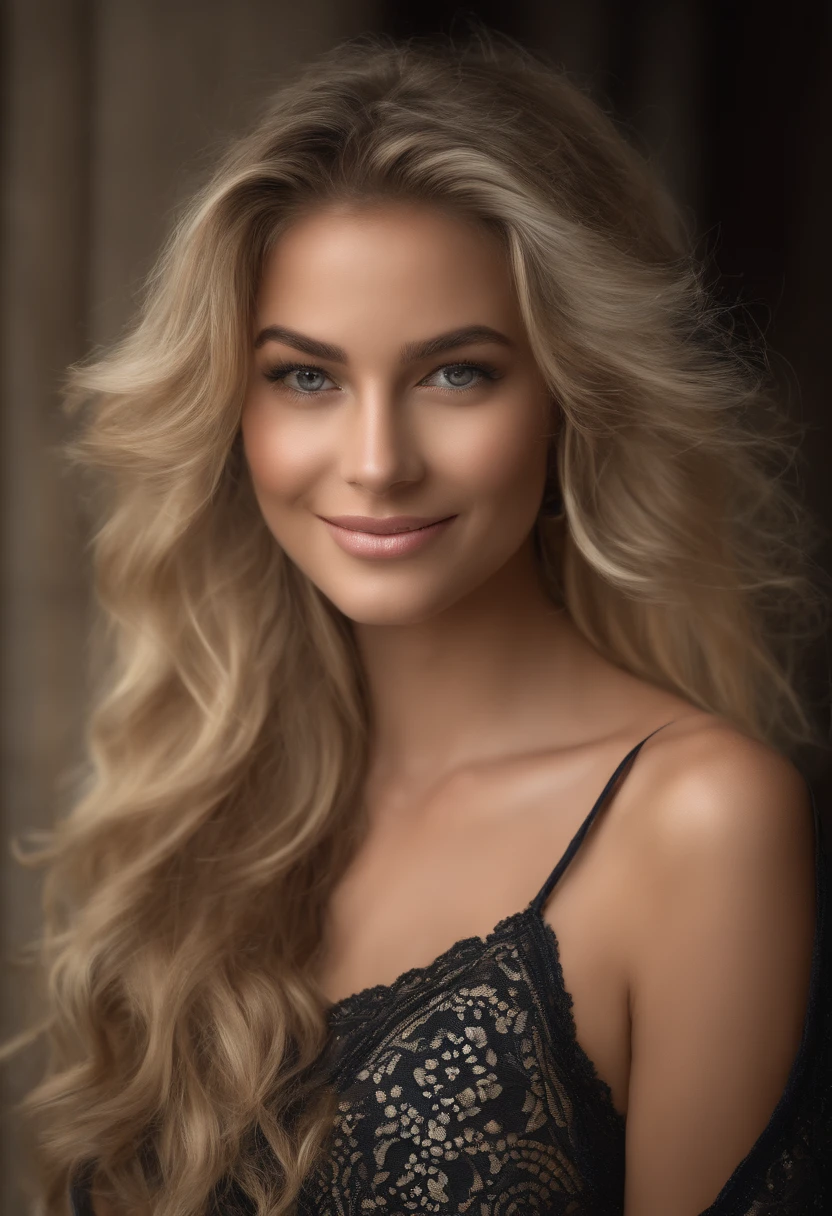 (Best quality), (Masterpiece), (High resolution), (Intricate details:0.2),(professional lighting), room, detailed background, Oversized black T-shirt, off-the-shoulder, (Previous view), 1fille, seulement, (beau visage:1.40), corps mince, Peau fine, sourire, longue queue de cheval cheveux bruns, yeux bleu ciel, (Medium beasts:1.10), View the viewer,