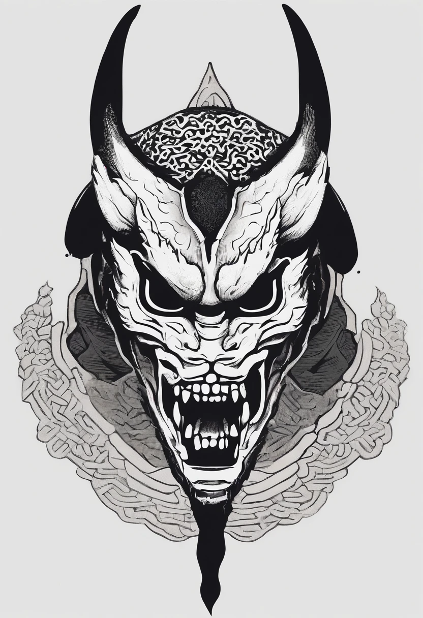(onimask,dragon halfmask,samurai,skull ornament,japanese ornament style,black and white color scheme,dark lighting,best quality,minimalistic,bold-lines)