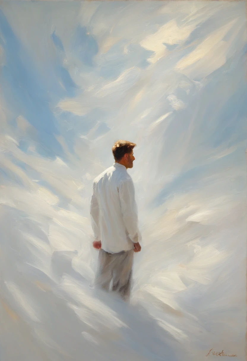 A man , dressed in white, stands on a white field, looking up at the sky with intense fear and tension on their face. Books are flying through the air, swirling around the person, The camera angle should be a low-angle shot looking up at them