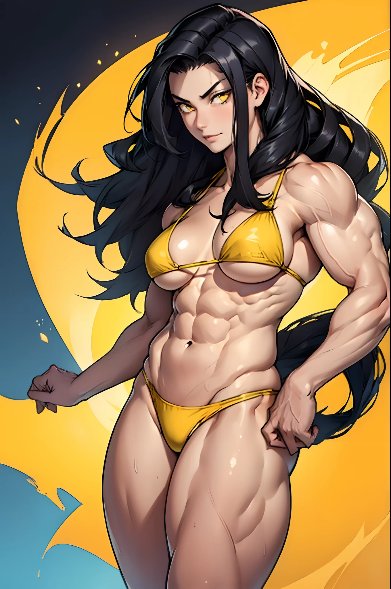 (((((((1 girl))))))), black hair, yellow eyes, very long hair, ((((((muscular)))))), tall, pale skin, (seductive expression), micro bikini