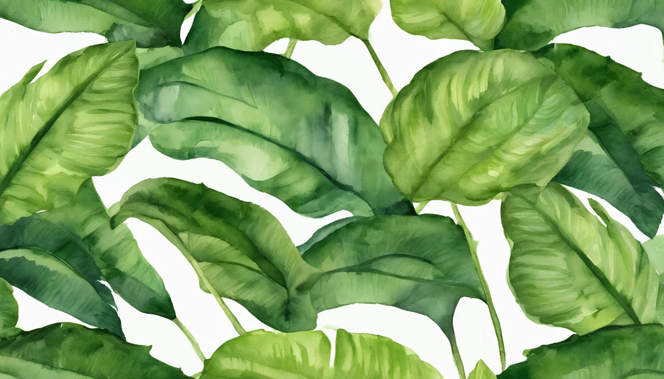 A minimalist and simple digital drawing depicting a mesmerizing repetition of banana leafs, elegantly curving in varying shades of green. The clean lines and negative space create a sense of tranquility, while the subtle texture adds depth to the overall composition.