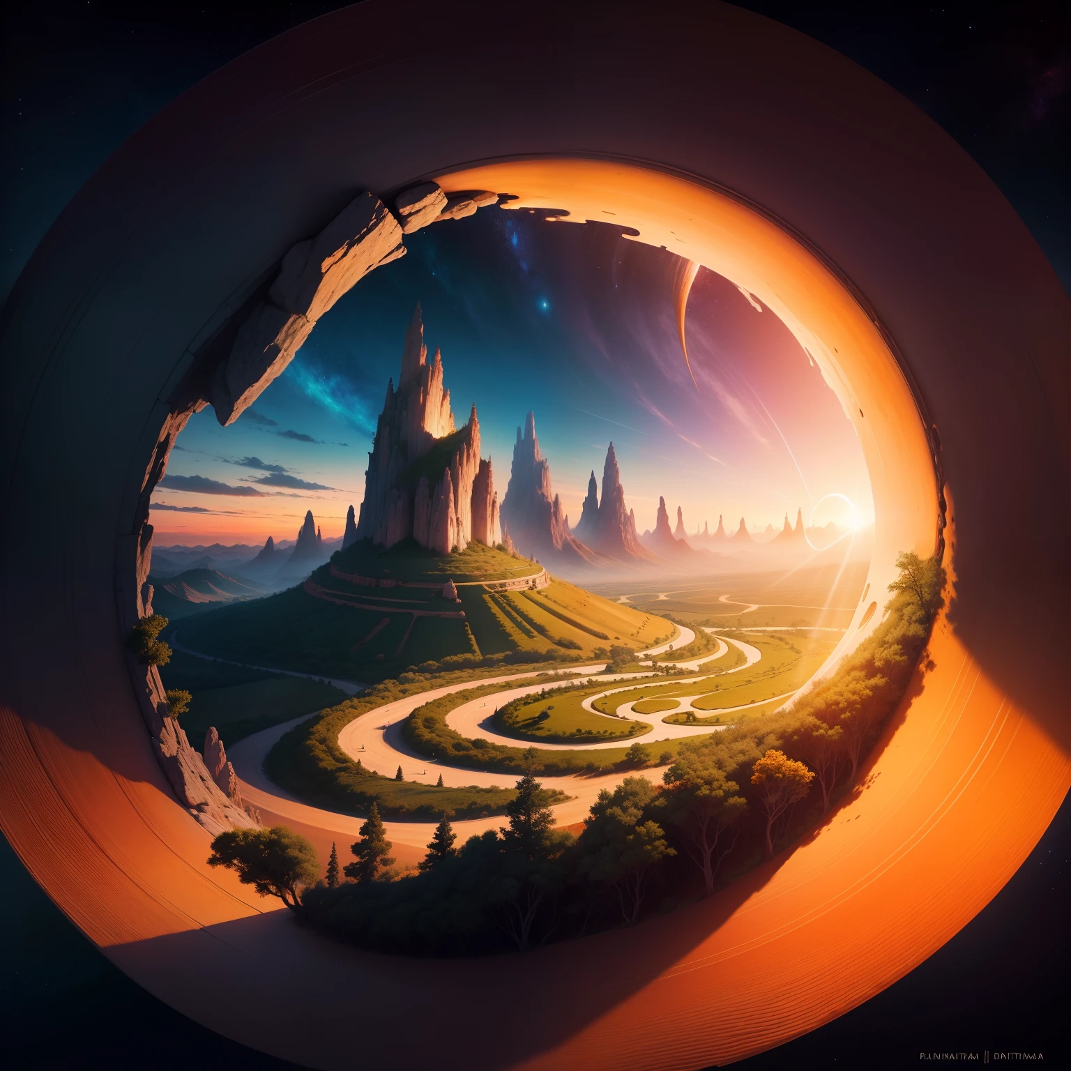pintura de uma cena duma montanha em forma de espiral, Mystical scene, paisagem de fantasia, cena de fantasia, sunset in a valley, a paisagem precisa ter uma cor alaranjada.