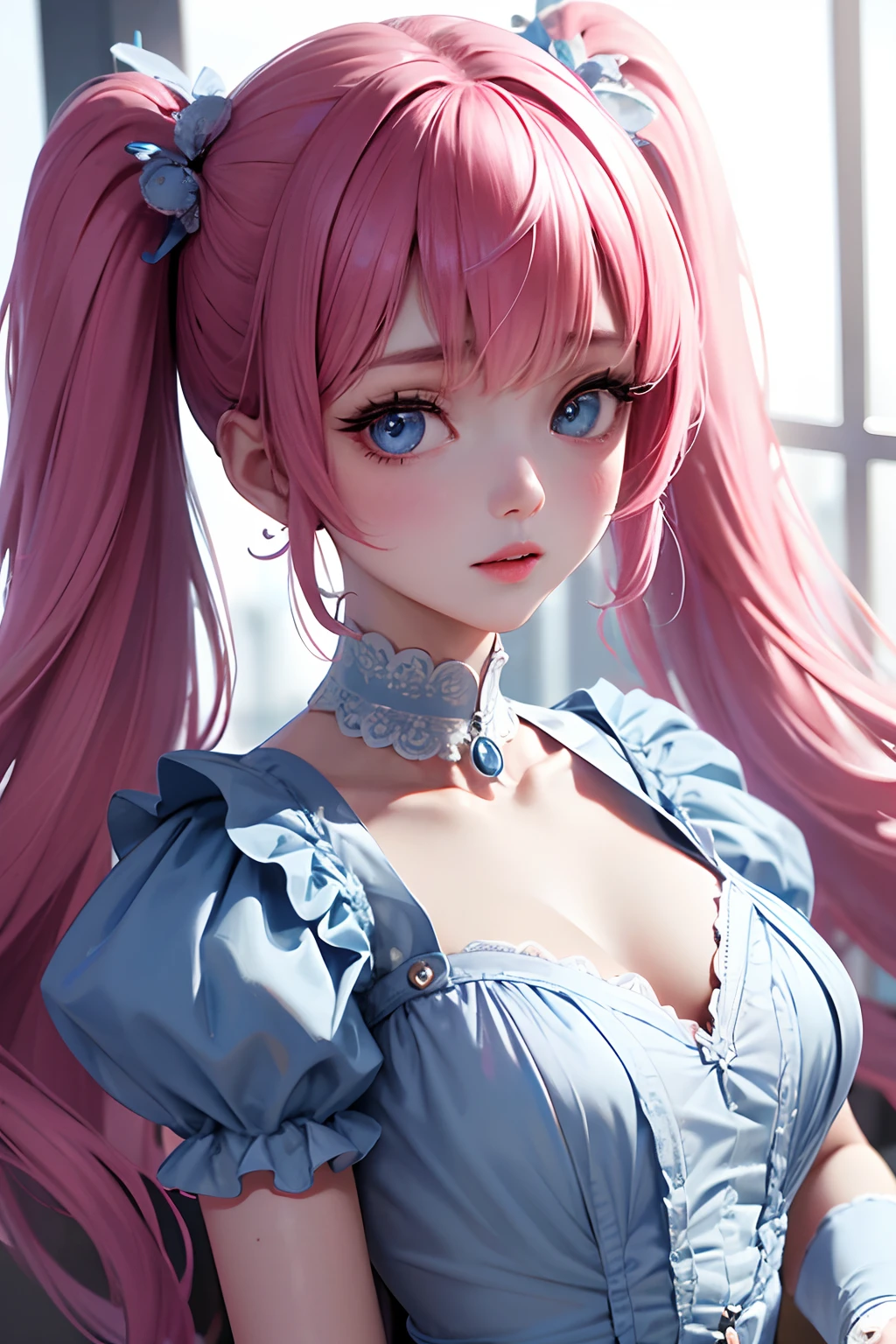 1girl in、looking at the viewers、
The upper part of the body、Beautiful blue eyes、Twin tails pink hair color、Moles under the eyes、Plump and glossy lips、Heart-shaped choker、。.。.。.。.。.。.。.。.。.。.3D、realisitic、
large full breasts、excessively frilled princess dress、draped clothes、jewely、ornament detached、florals、Lace trim、
masterpiece、top-quality、8K、detailed skin textures、Detailed Cloth Texture、beautifull detailed face、intricate-detail、ultra-detailliert、
Rim lighting、Side lighting、ciinematic light、超A high resolution、8K UHD、film grains、Best Shadow、delicated、gazing at viewer、front facing