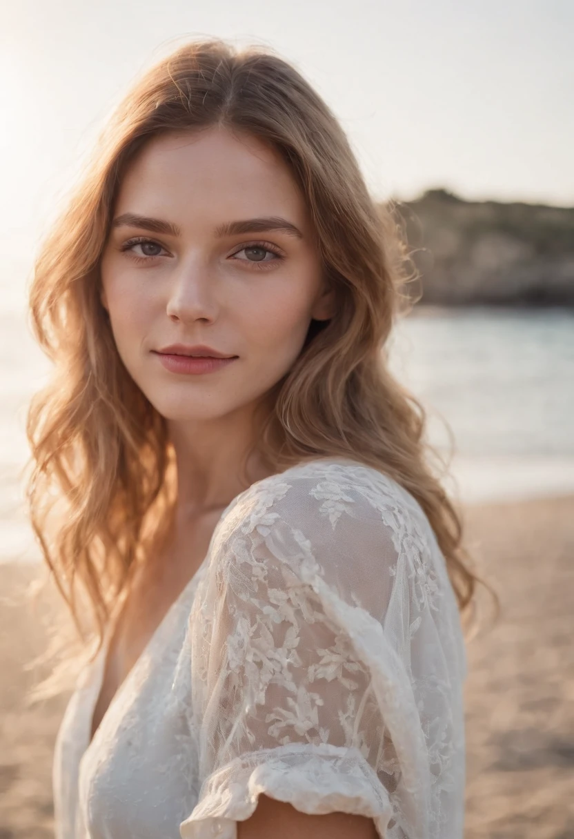 Jolie femelle, Souffle de vent cheveux roux, yeux bleus brillants, Realstic, Masterpiece, high detailed, 4K, beach background, High detailed light, Petit sourire, peau blanche