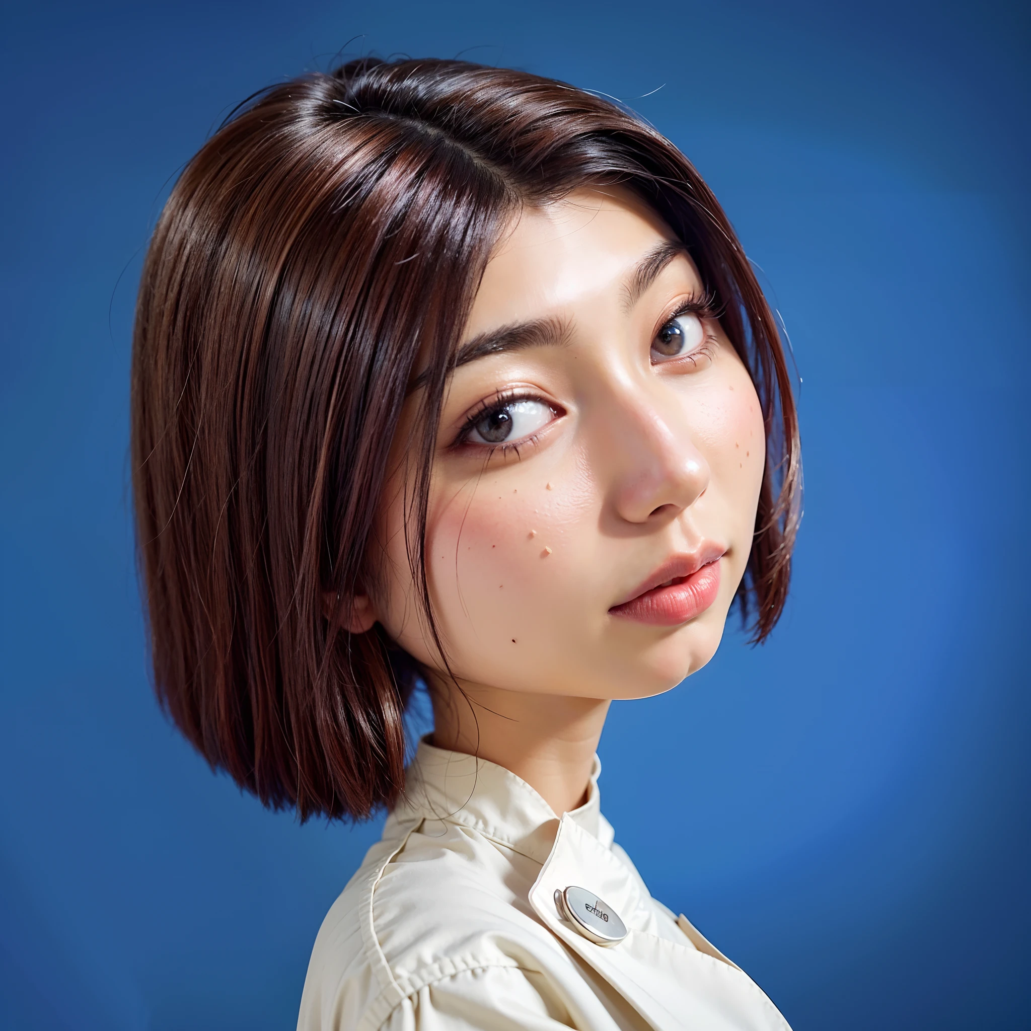 High quality image, masterpiece, detailed hair texture, detailed skin texture, detailed cloth texture, 8k, ultra detailed skin texture, ultra detailed photo, skin pores, portrait of a girl, wearing chef suit, add fabric details, realistic fabric texture, realistic skin texture
