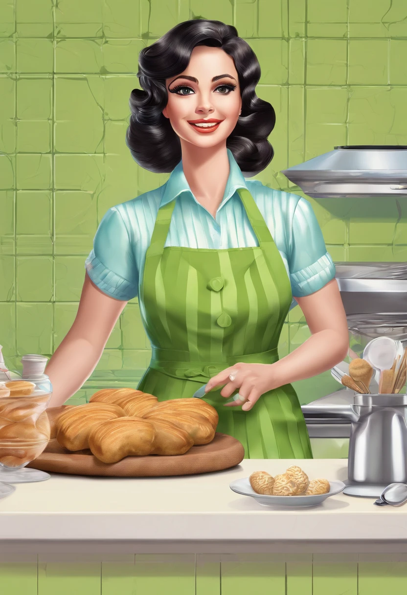Beautiful wife, wearing white and green striped apron, big breasts, black hair, masterpiece, best quality, extremely detailed face, hyper detailed eyes, big eyes, green eyes, smiling woman, happy face, blushing, glowing eyes, detailed eyes, ((60s kitchen:1.4), without bra, volumetric light, Dust shining spots in the air, cooking, Baking cookies, Sarcastic gaze, 60's hairstyle, making cookies