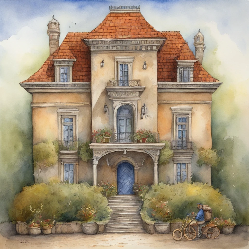 Illustrate a lavish mansion with a high wall surrounding it while homeless individuals sit outside, underscoring the contrast between wealth and poverty, in the style of pawel kuczynski, avoid smudging, ultra detailed
