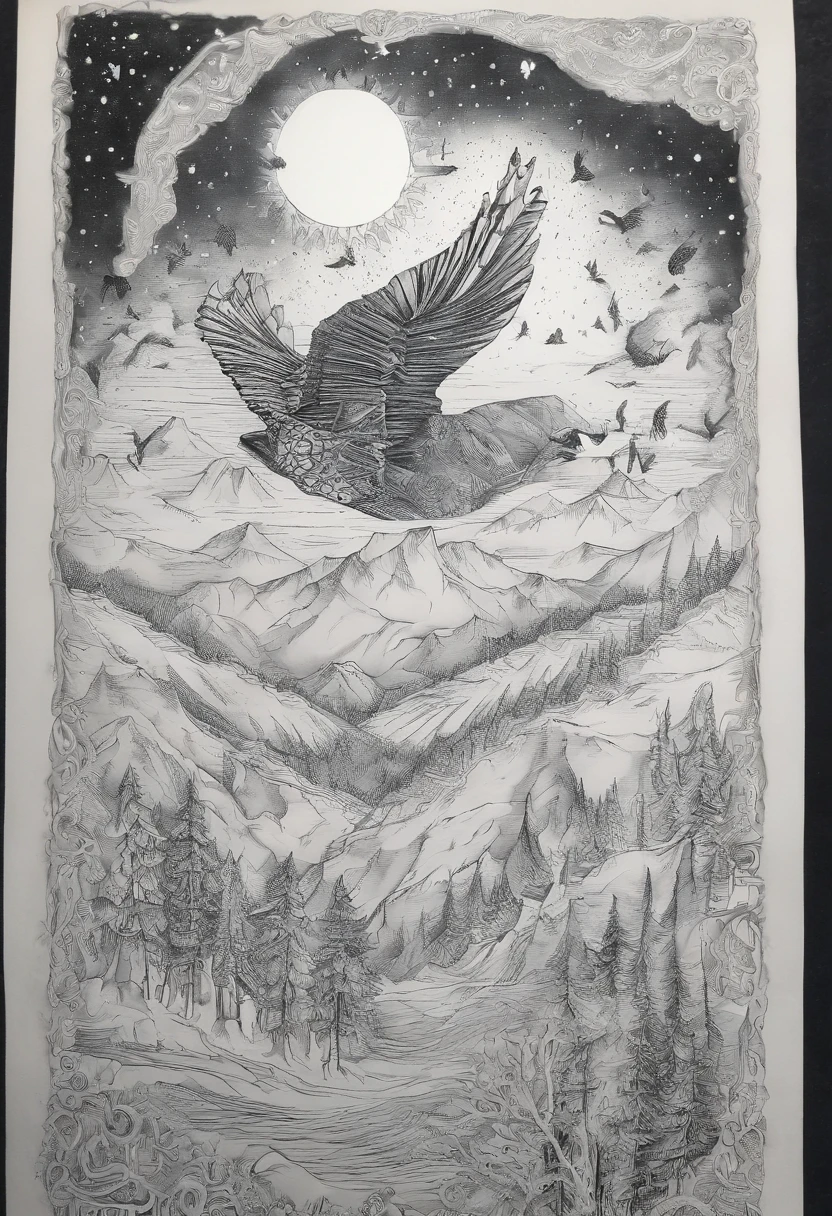 （Bajo el cielo nocturno），（snow mountains：1.5），Imponentes,  , in a panoramic view,, Obra maestra, alta calidad,  La mejor calidad, 8k, magnifica, un majestuoso，La Luna，ln el bosque，flying birds