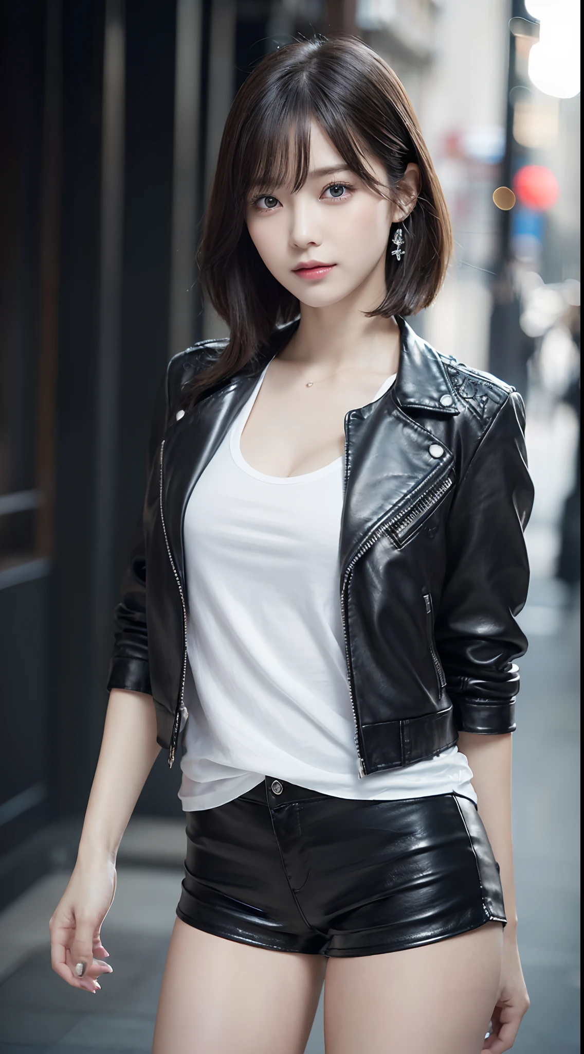 Innocent 20 year old girl、((Black leather shorts, White t-shirt and black leather jacket,Dramatic poses)),Smile,short-cut,Park background、Raw photo, (8K、top-quality、​masterpiece:1.2)、(intricate detailes:1.4)、(Photorealsitic:1.4)、octane renderings、Complex 3D rendering ultra detail, Studio Soft Light, Rim Lights, vibrant detail, super detailing, realistic skin textures, Detail Face, Beautiful detail eyes, Very detailed CG Unity 16k wallpaper, make - up, (detailedbackground:1.2), shinny skin, Full body、From head to thigh、cleavage of the breast,((Lower hands,Standing leaning forward))