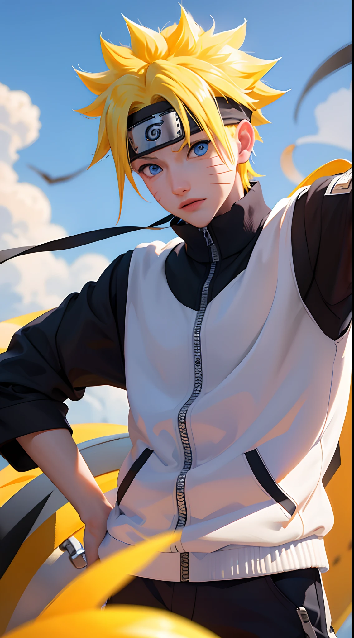 Masterpiece, 1boy, Superb Style, hypebeast chothes, Outdoor, Upper Body, Uzumaki Naruto, blue eyes, yellow hair, cool boy