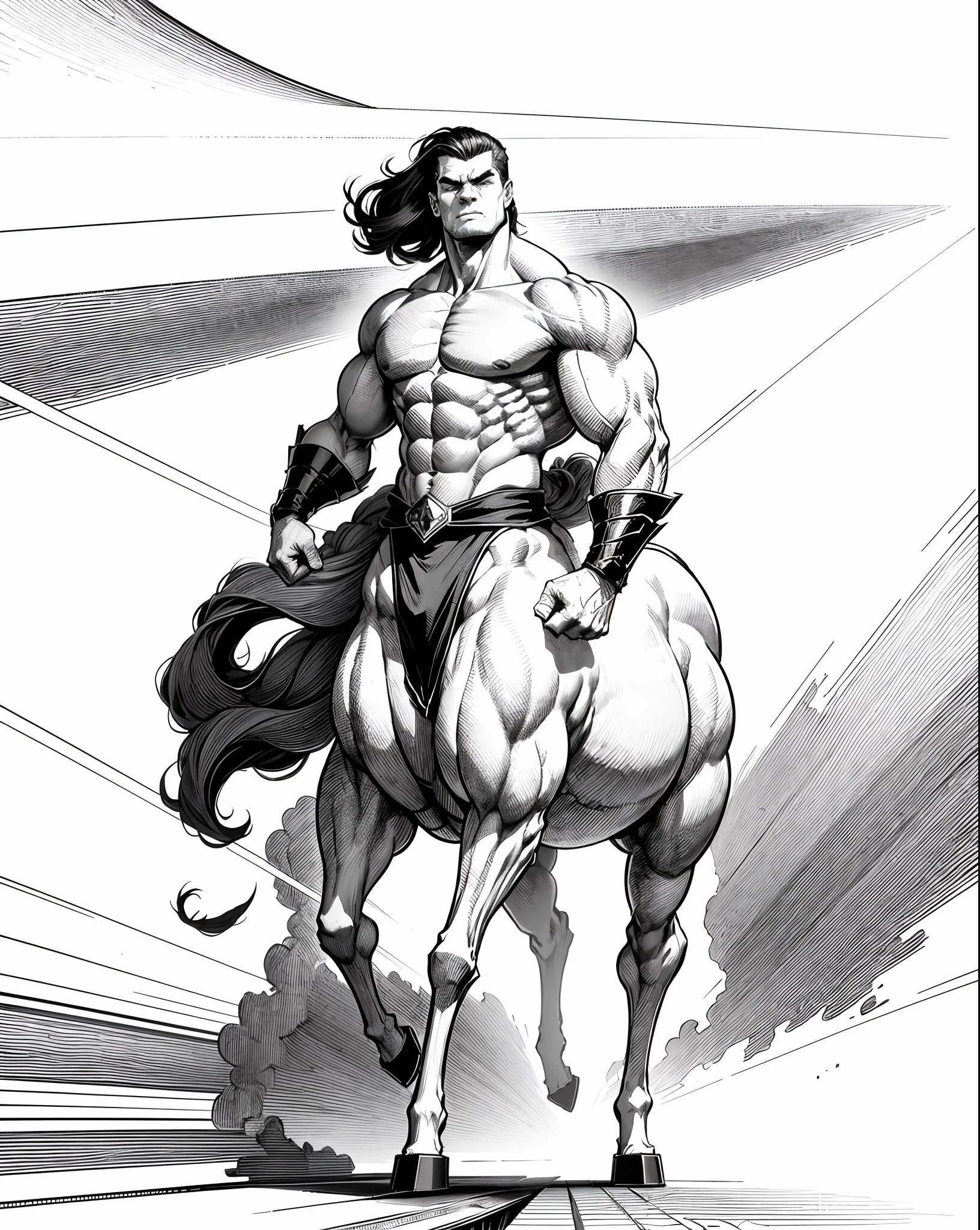 1 Centaur muscle man,four legged,Line drawings,Plain white background,pencil drawing,Remove the background,Graphic design sense,Smooth black and white lines,Perfect curves,simple and clean lines,fluency,delicated face,No additional wiring is required,Perfect hand movements,Hold out five fingers,(high high quality)(volumettic light)