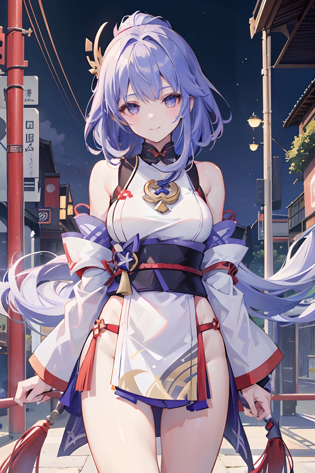 Girl( using LoRa 1 yae miko genshin impact), , in a city area, smiling, looking at me, hot body, with girl 2( using LoRa 2 raiden Shogun genshin impact)