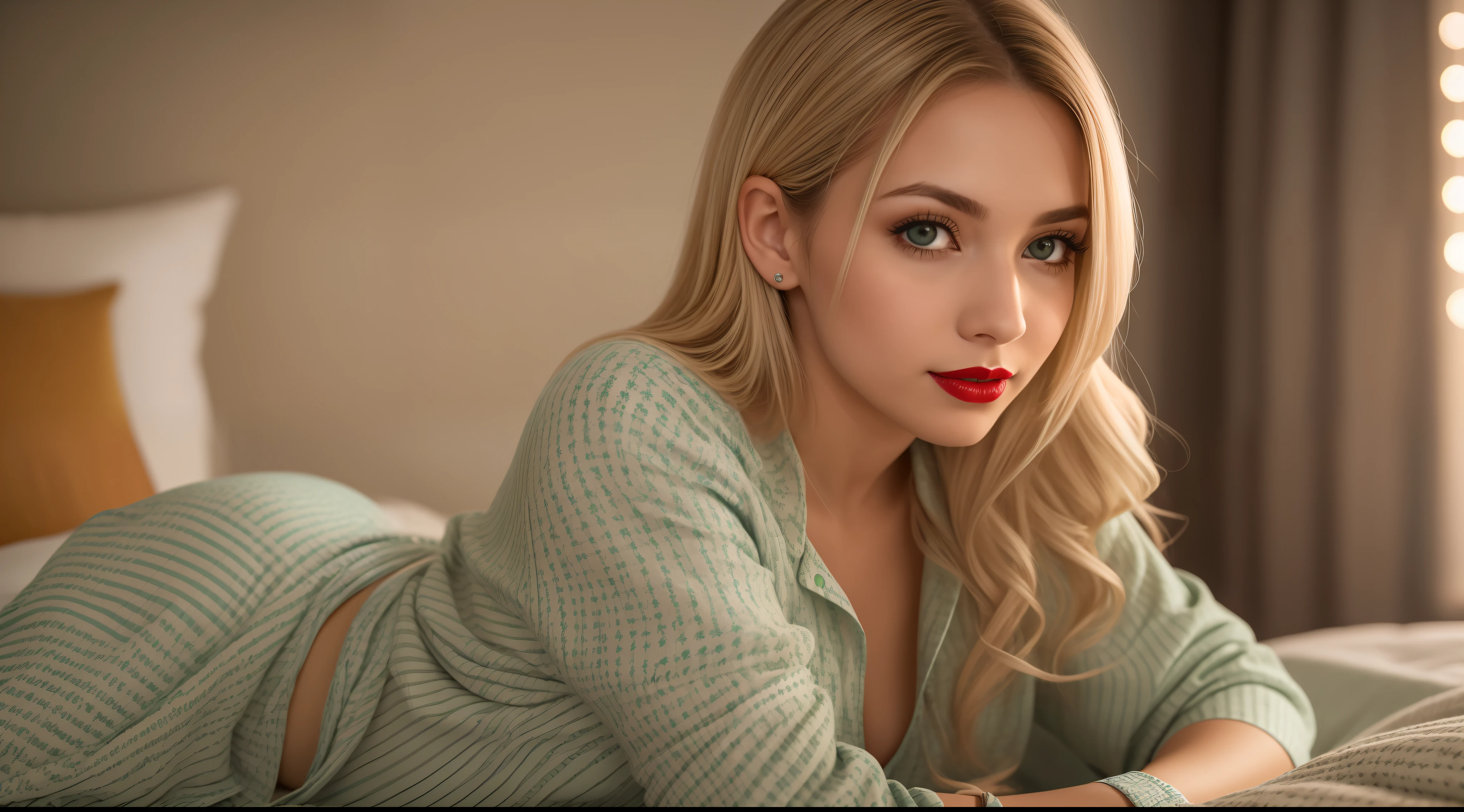 Uma mulher jovem e bonita, blonde hair that falls gently in waves up to the shoulders, altura mediana, olhos grandes e verdes, pele clara, she's in her pyjamas, ela esta em sua cama, fazendo cuidados com a pela antes de dormir, The environment is illuminated with lights of warm and pleasant colors making your hair shine, seu semblante esta naturalmente sereno, lips with red lipstick, Textura 8K, altamente detalhados, realista, soft Cinematic Light, HDR, sharp fokus, obra-prima, fotorrealista, fotografia premiada, Canon EOS R5, 35 mm.
