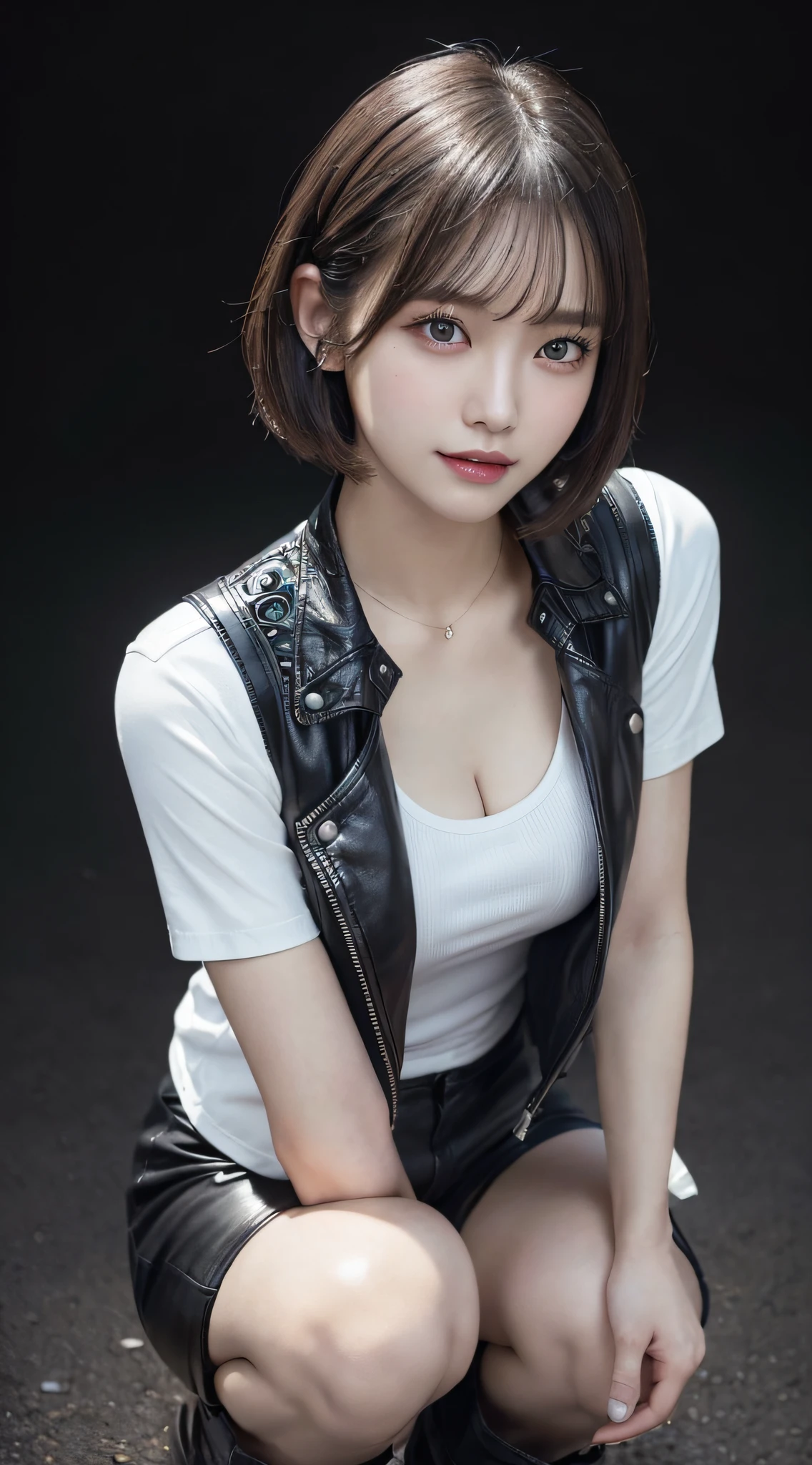 Innocent 20 year old girl、((Black leather shorts, White t-shirt and black leather jacket,Dramatic poses)),Smile,short-cut,Park background、Raw photo, (8K、top-quality、​masterpiece:1.2)、(intricate detailes:1.4)、(Photorealsitic:1.4)、octane renderings、Complex 3D rendering ultra detail, Studio Soft Light, Rim Lights, vibrant detail, super detailing, realistic skin textures, Detail Face, Beautiful detail eyes, Very detailed CG Unity 16k wallpaper, make - up, (detailedbackground:1.2), shinny skin, Full body、From head to thigh、cleavage of the breast,((Lower hands,Squat with your knees bent))