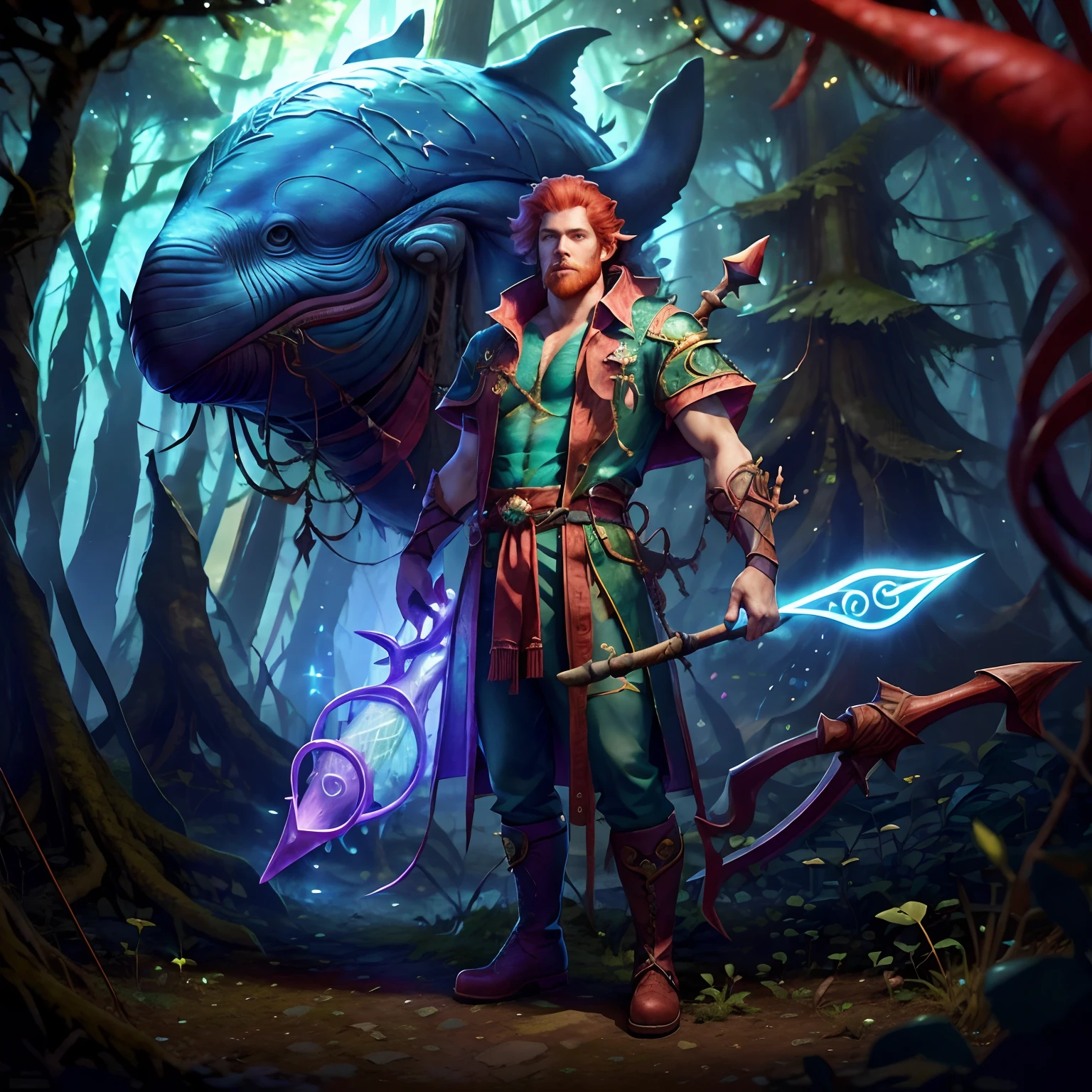 Model No.: Lyriel ,DruidMagicAI ,BiopunkAI 2 , Man with red hair , dressed in a whaleskin costume , It stands in full growth against the background of the forest , His boots are visible , A magic staff is visible in his hand , Front light.